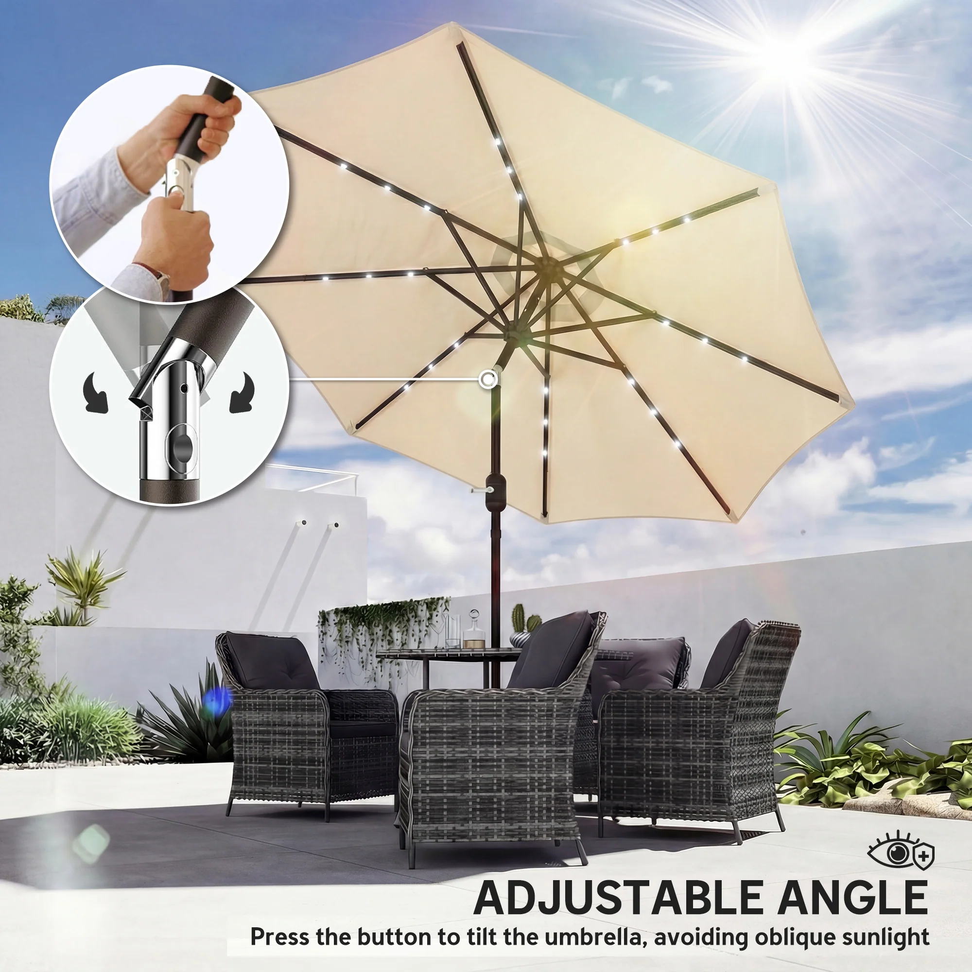 Outsunny 2.6 m Garden Parasol Umbrella with Light, Outdoor Patio Umbrella - Image 8