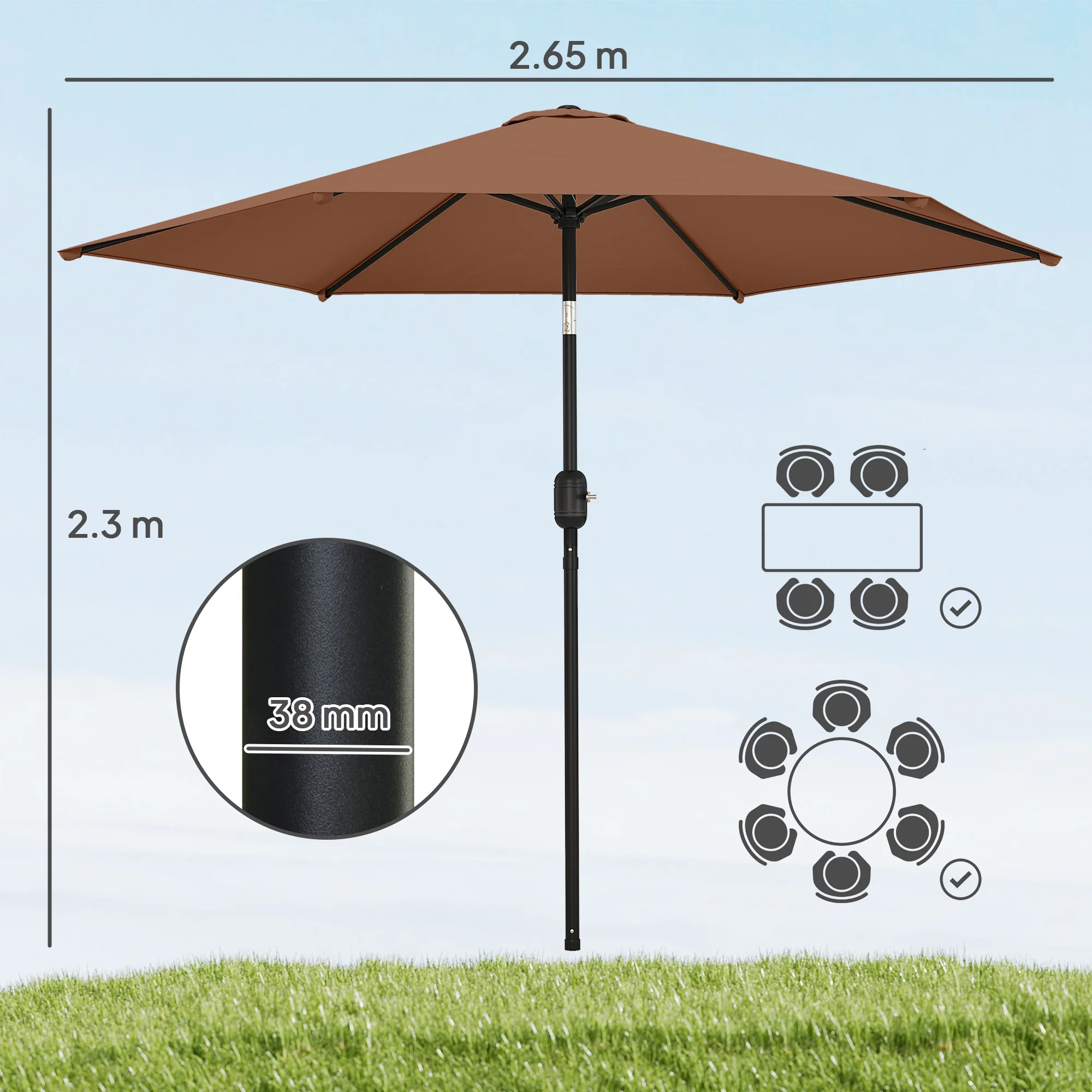 Outsunny 2.6M Garden Parasol Umbrella with Aluminium Pole, Tilt, Crank - Image 3
