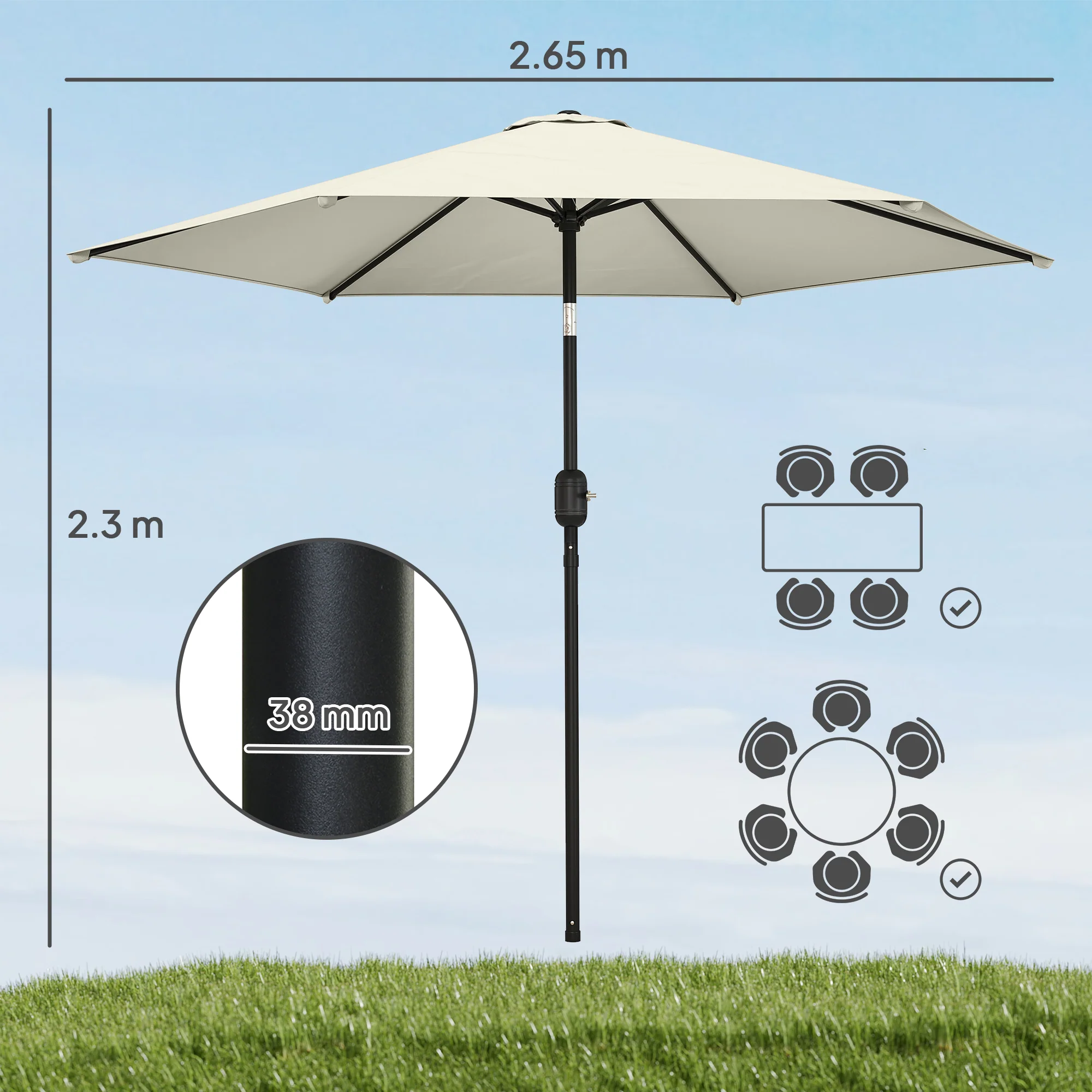 Outsunny 2.6M Garden Parasol Umbrella with Aluminium Pole, Tilt, Crank - Image 3