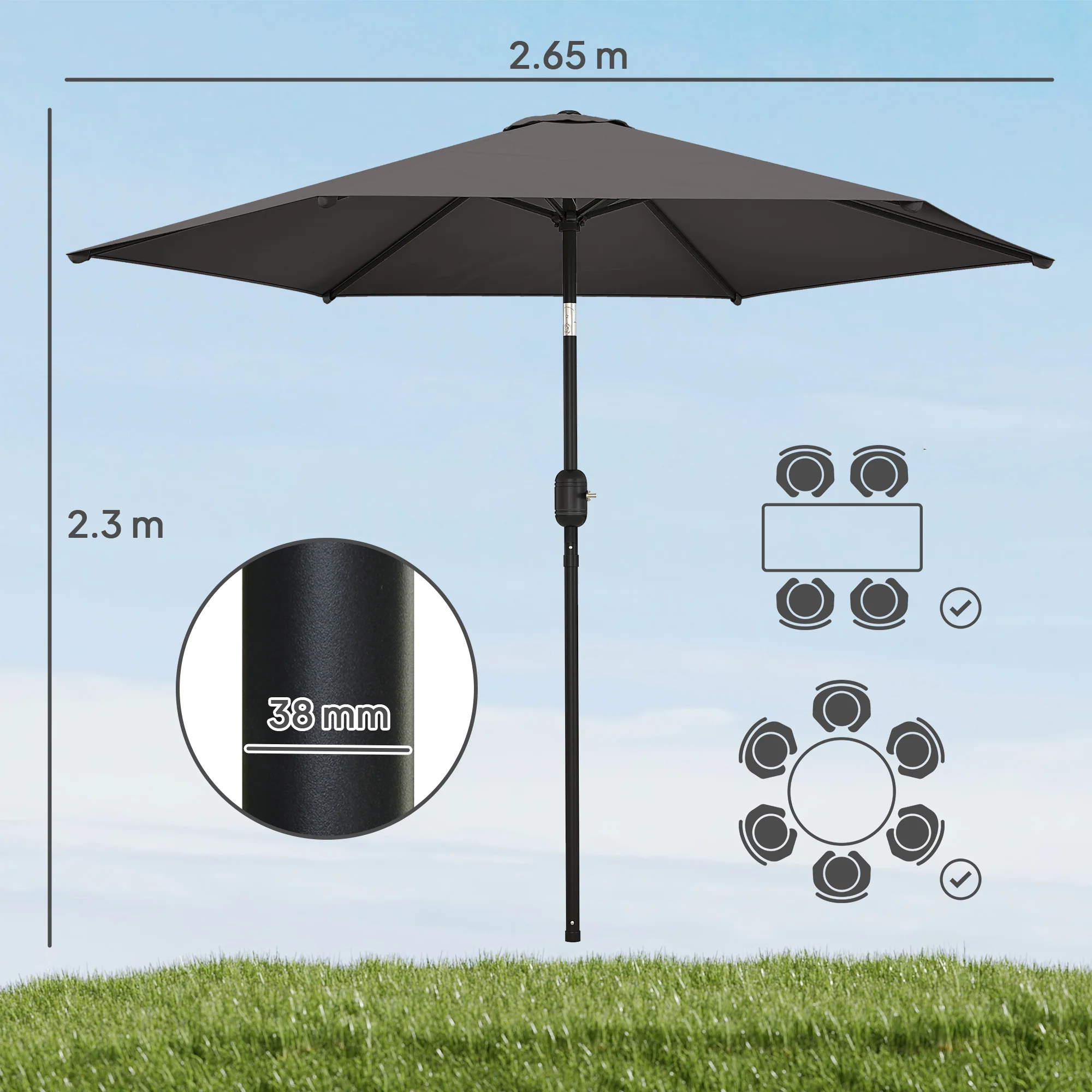 Outsunny 2.6M Garden Parasol Umbrella with Aluminium Pole, Tilt, Crank - Image 3