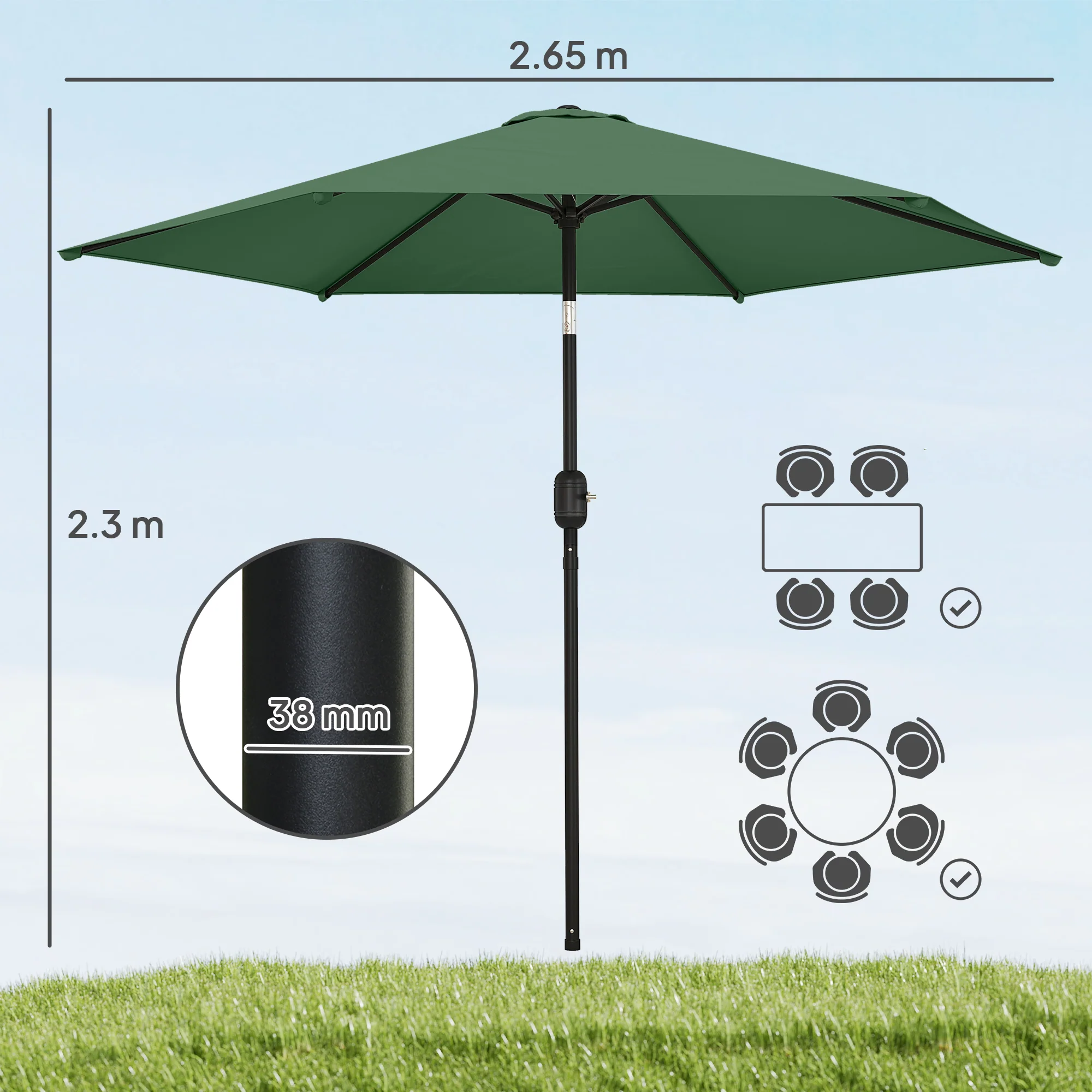 Outsunny 2.6M Garden Parasol Umbrella with Aluminium Pole, Tilt, Crank - Image 3