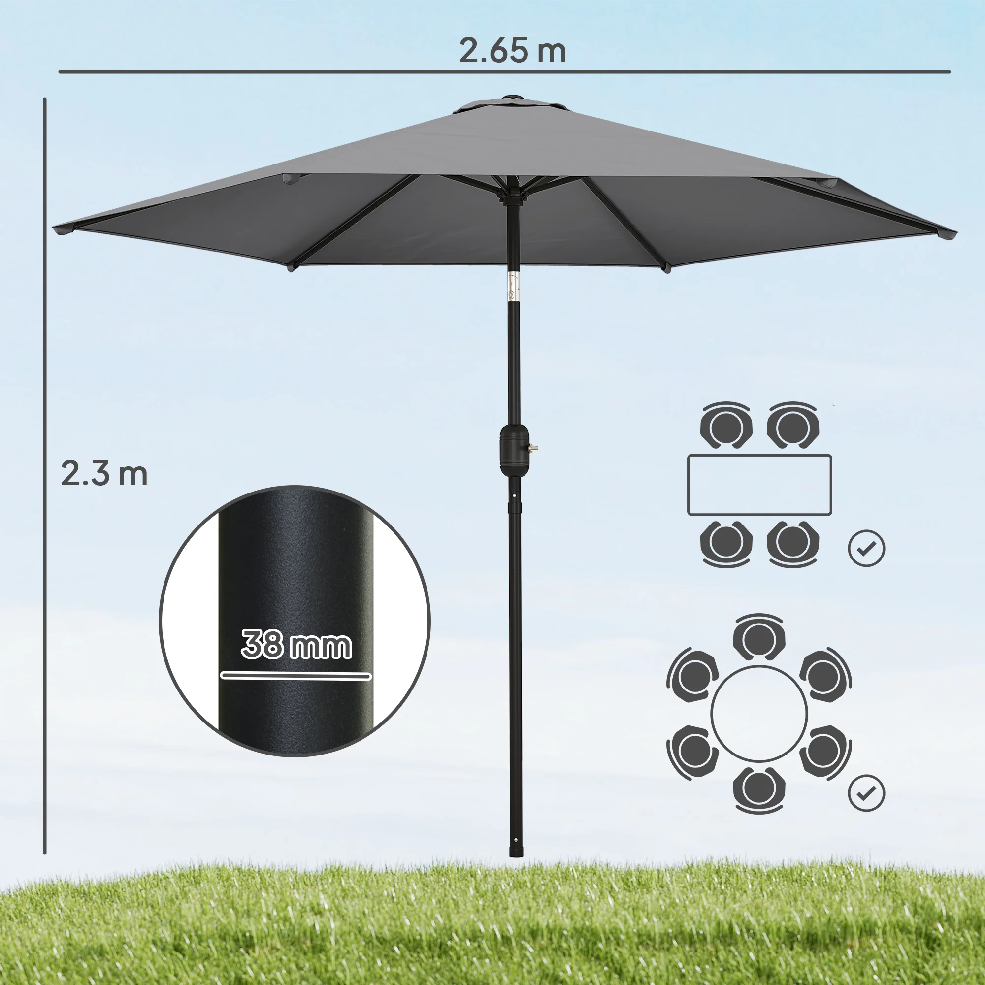 Outsunny 2.6M Garden Parasol Umbrella with Aluminium Pole, Tilt, Crank - Image 3