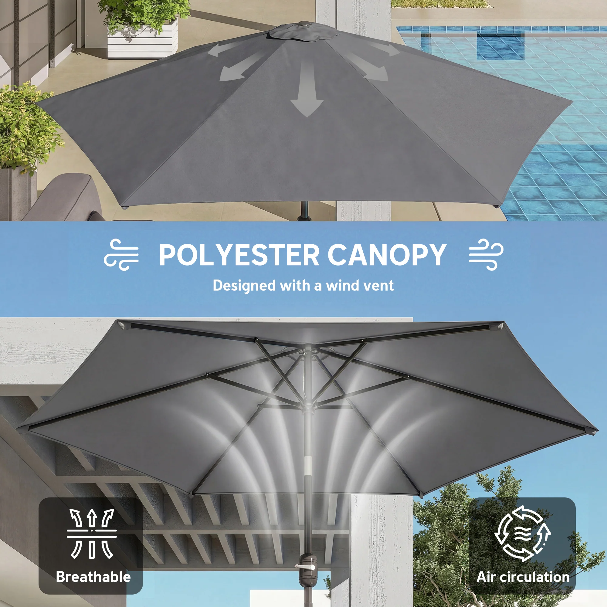 Outsunny 2.6M Garden Parasol Umbrella with Aluminium Pole, Tilt, Crank - Image 6