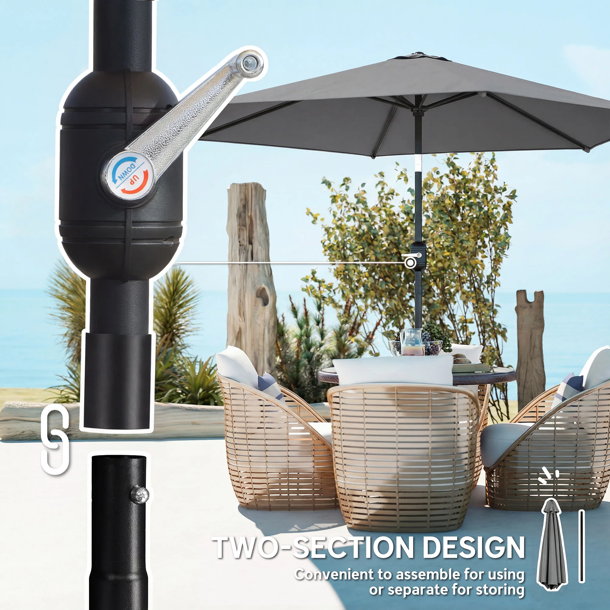 Outsunny 2.6M Garden Parasol Umbrella with Aluminium Pole, Tilt, Crank - Image 7