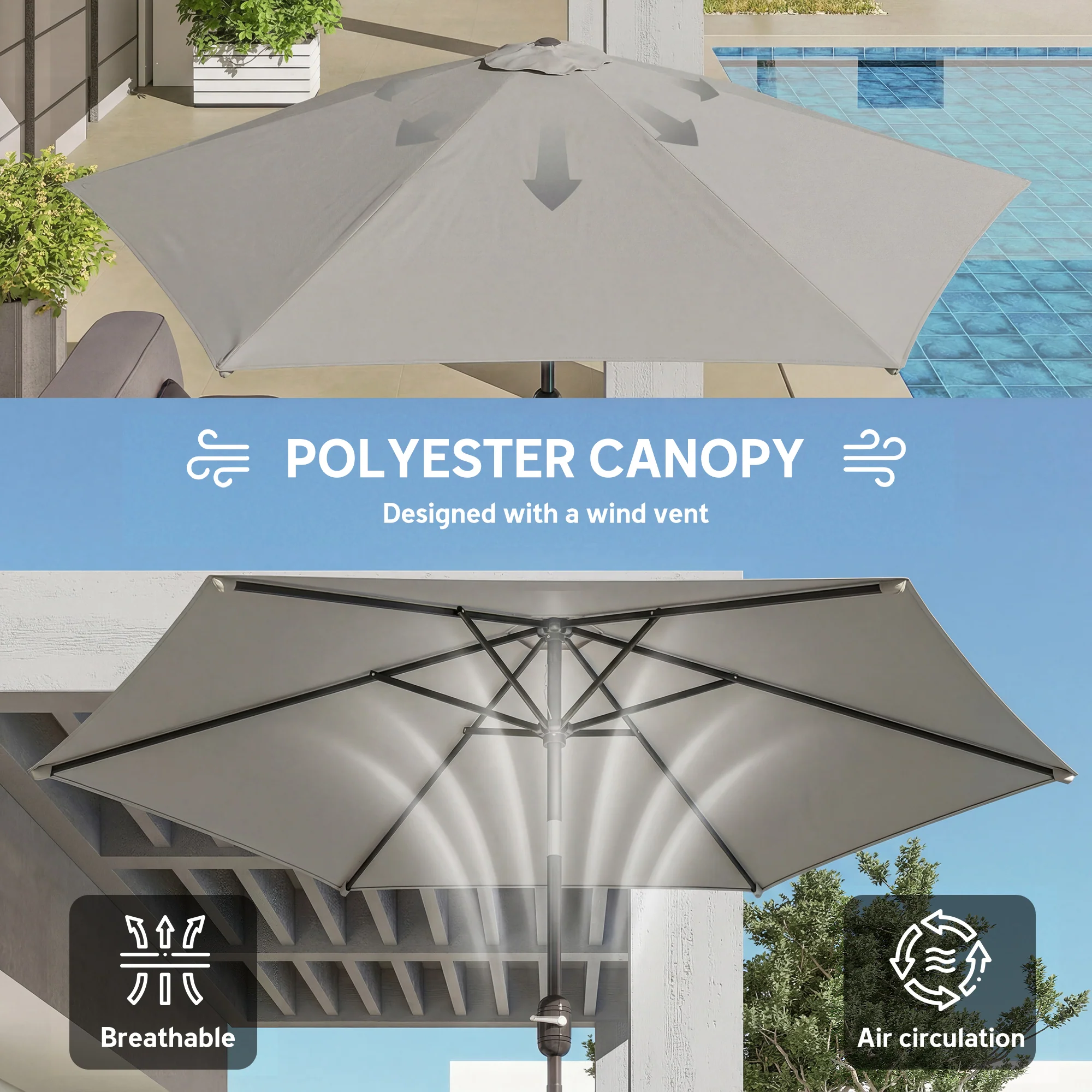 Outsunny 2.6M Garden Parasol Umbrella with Aluminium Pole, Tilt, Crank - Image 6