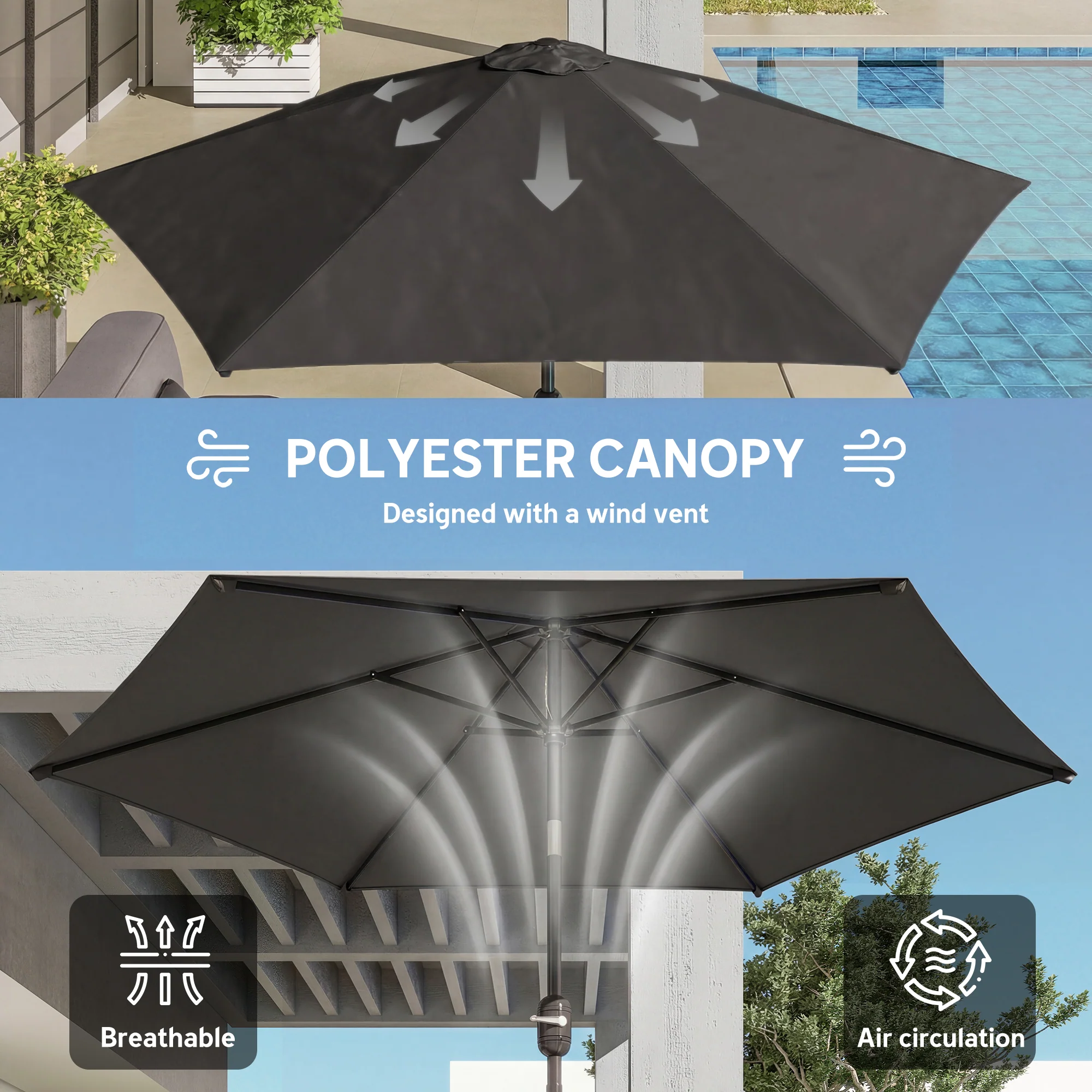 Outsunny 2.6M Garden Parasol Umbrella with Aluminium Pole, Tilt, Crank - Image 6