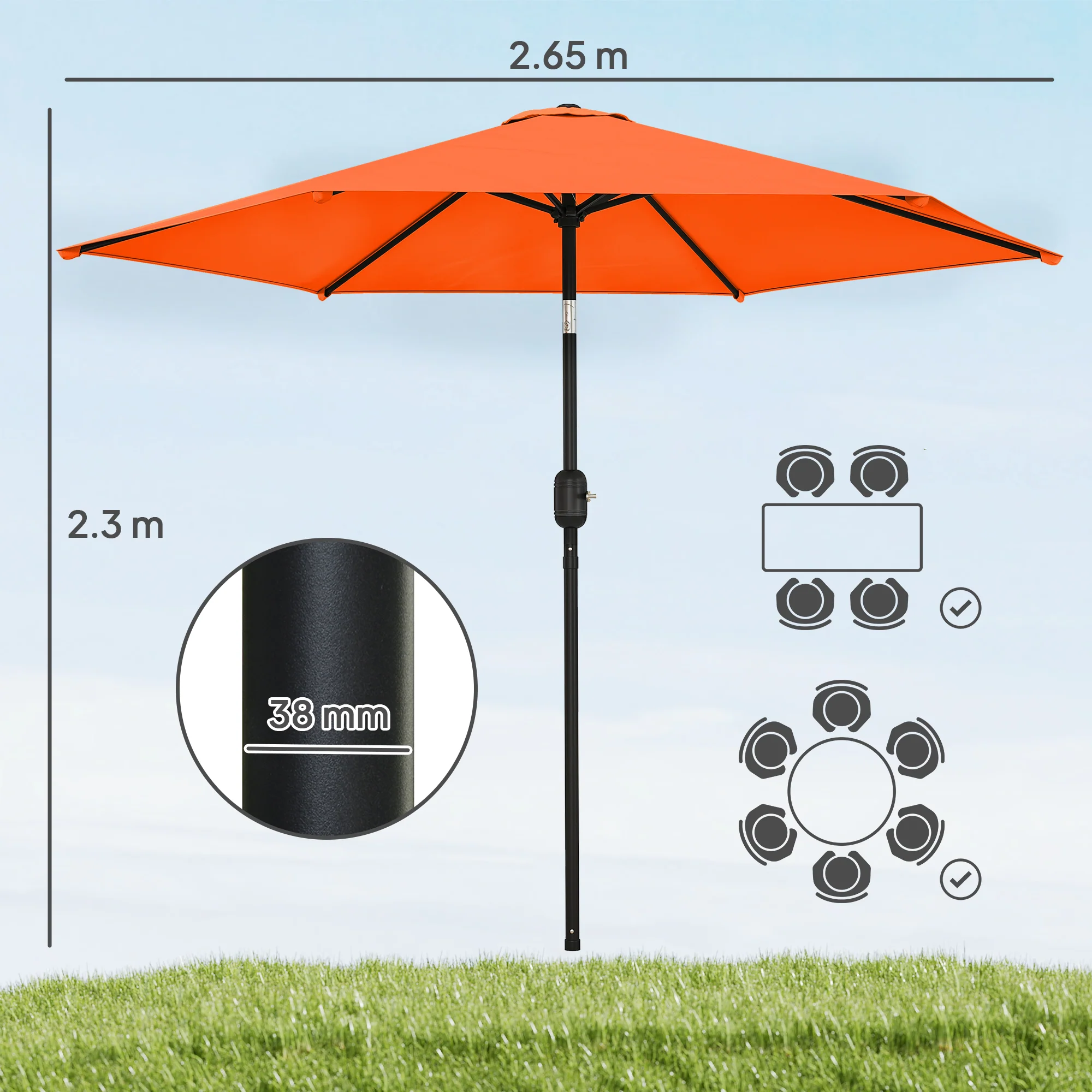 Outsunny 2.6M Garden Parasol Umbrella With Aluminium Pole, Tilt, Crank - Image 3