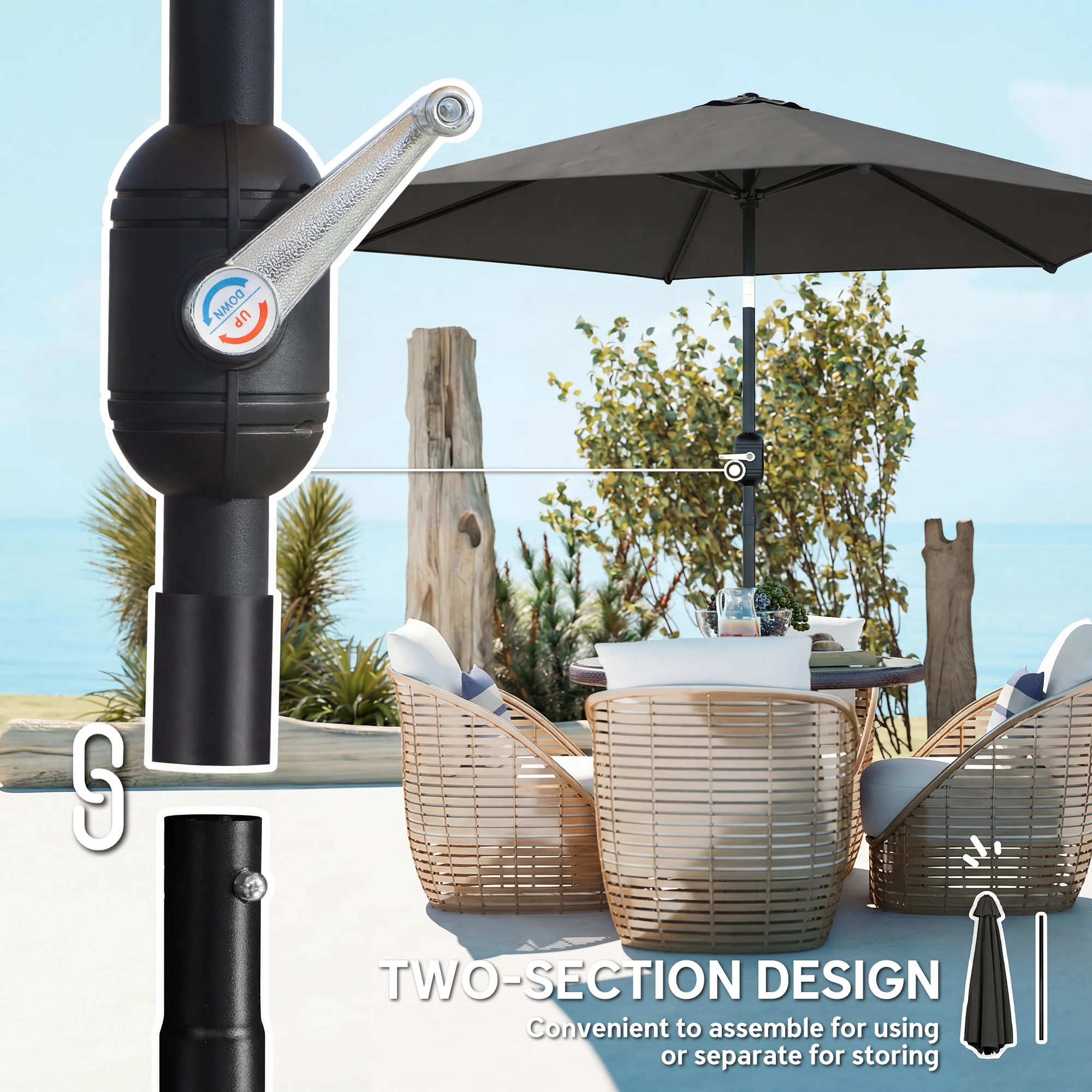 Outsunny 2.6M Garden Parasol Umbrella with Aluminium Pole, Tilt, Crank - Image 7