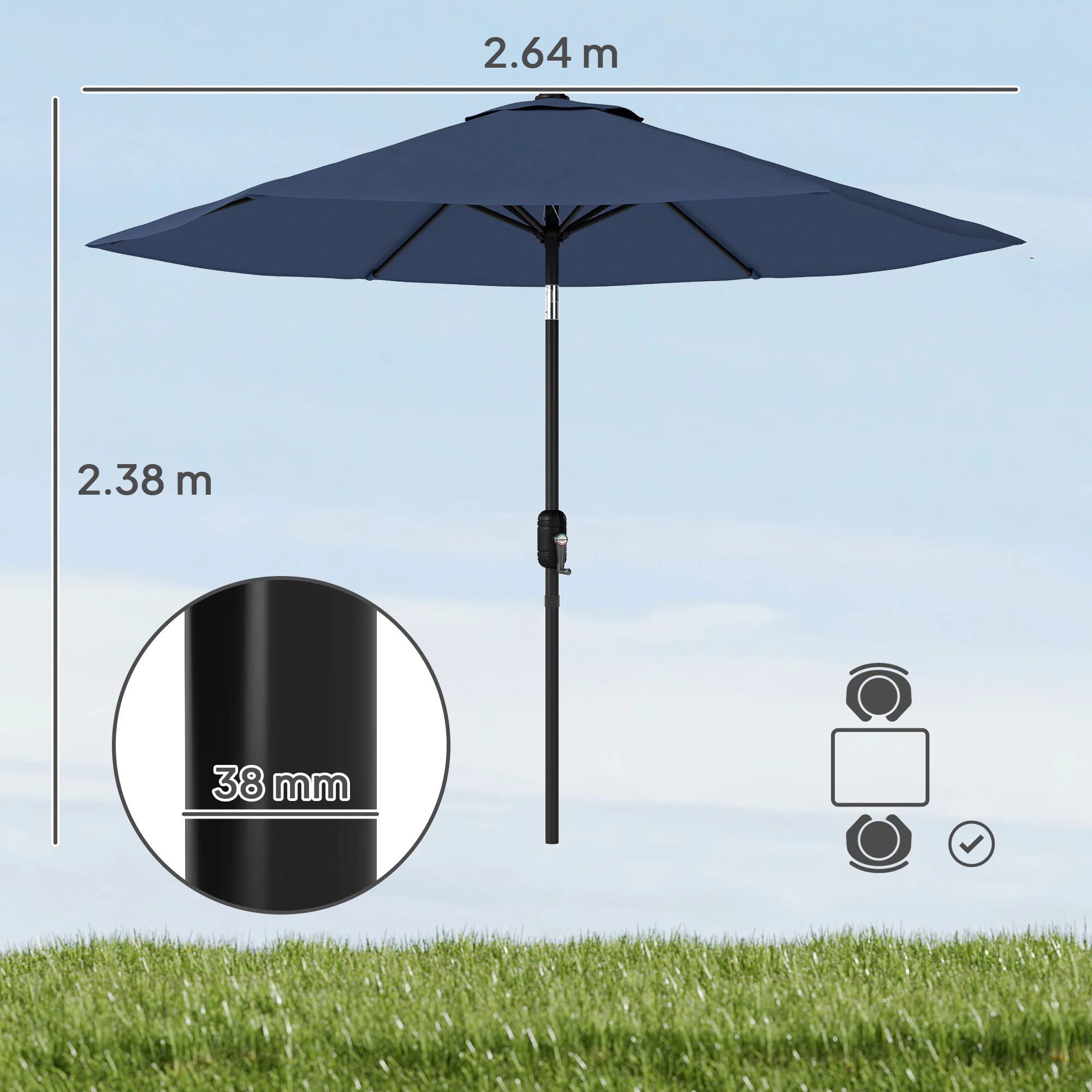 Outsunny 2.6M Garden Parasol Umbrella with Aluminium Pole, Tilt, Navy Blue - Image 3