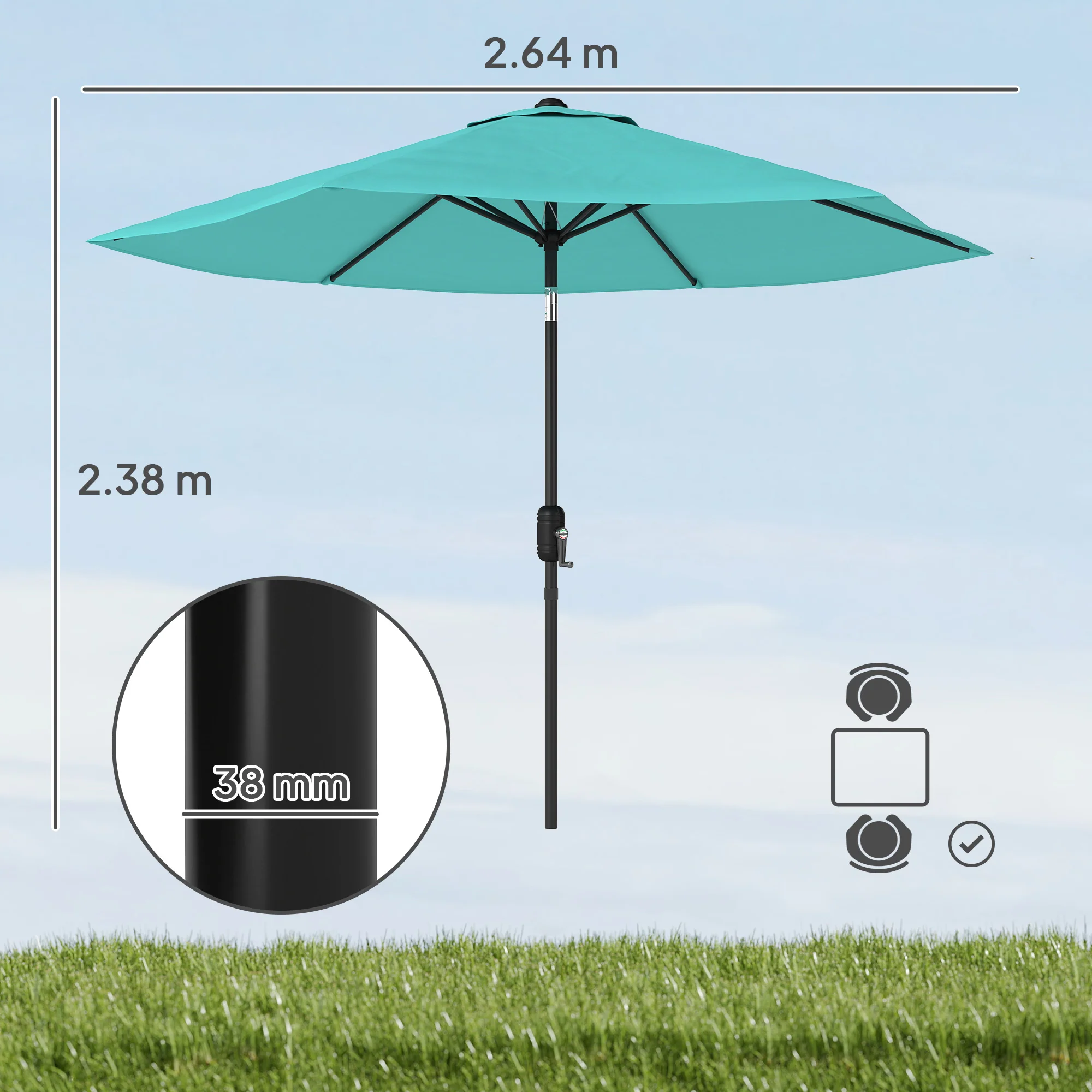Outsunny 2.6M Garden Parasol Umbrella with Aluminium Pole, Tilt, Turquoise - Image 3