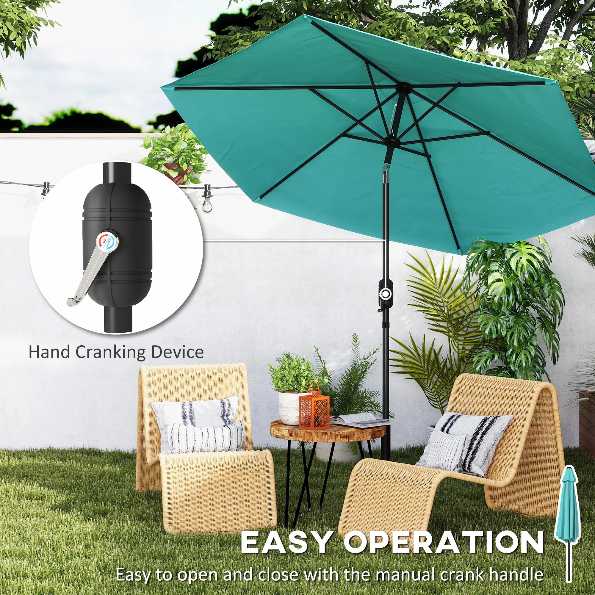 Outsunny 2.6M Garden Parasol Umbrella with Aluminium Pole, Tilt, Turquoise - Image 4