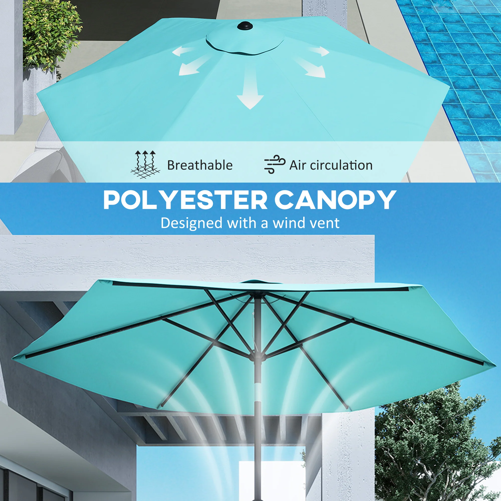 Outsunny 2.6M Garden Parasol Umbrella with Aluminium Pole, Tilt, Turquoise - Image 6
