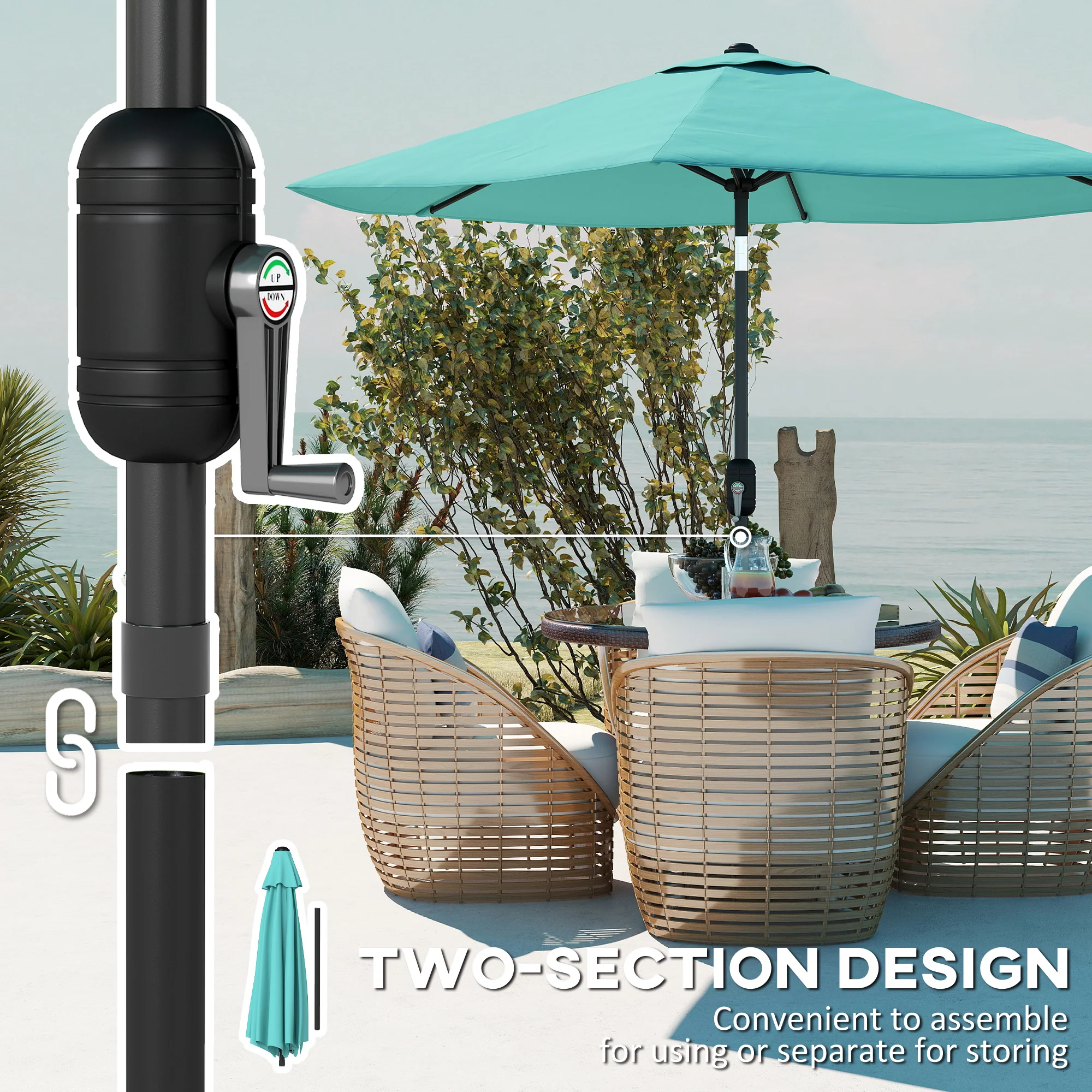 Outsunny 2.6M Garden Parasol Umbrella with Aluminium Pole, Tilt, Turquoise - Image 7