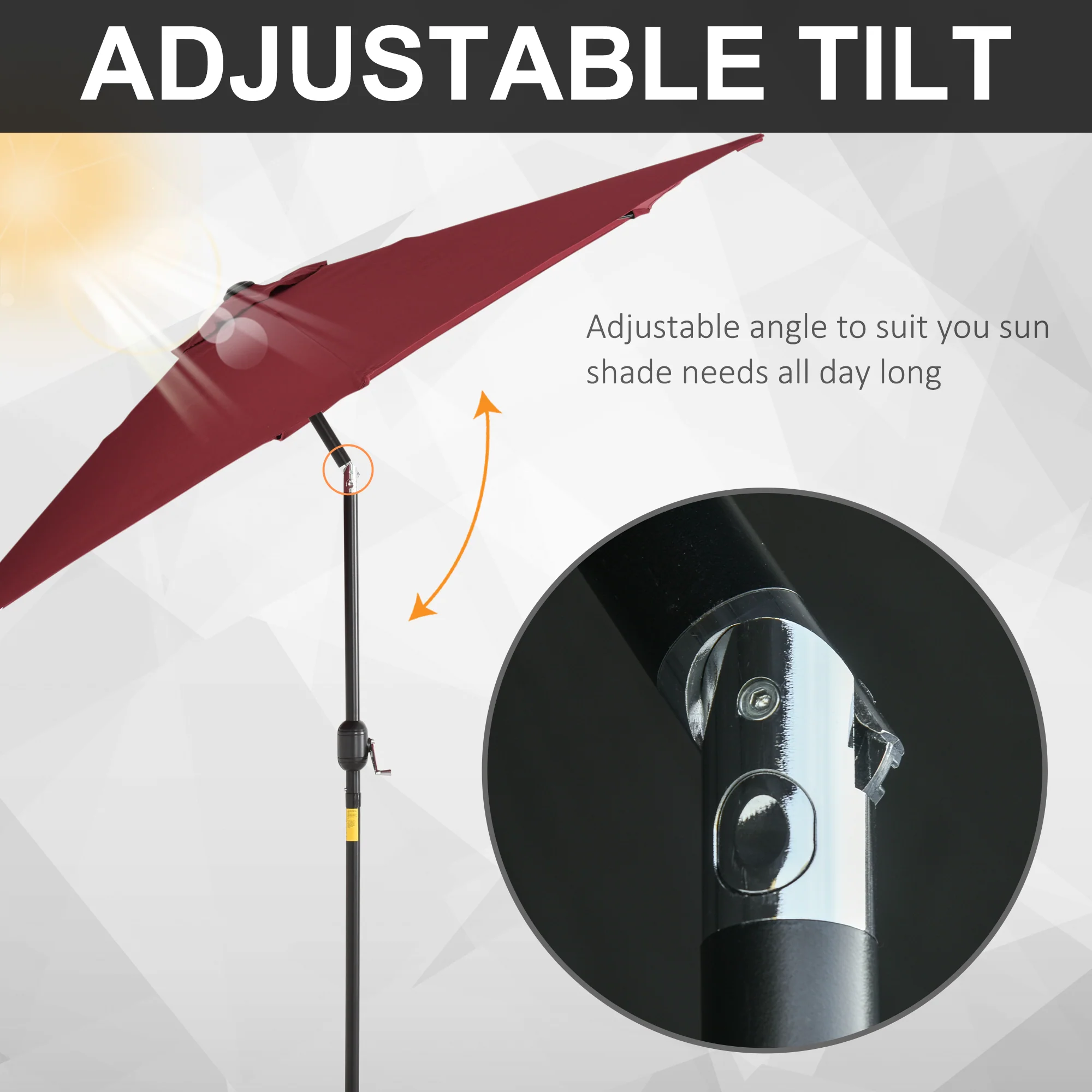 Outsunny 2.6M Patio Umbrella Parasol Sun Shade Garden Aluminium Wine Red - Image 3