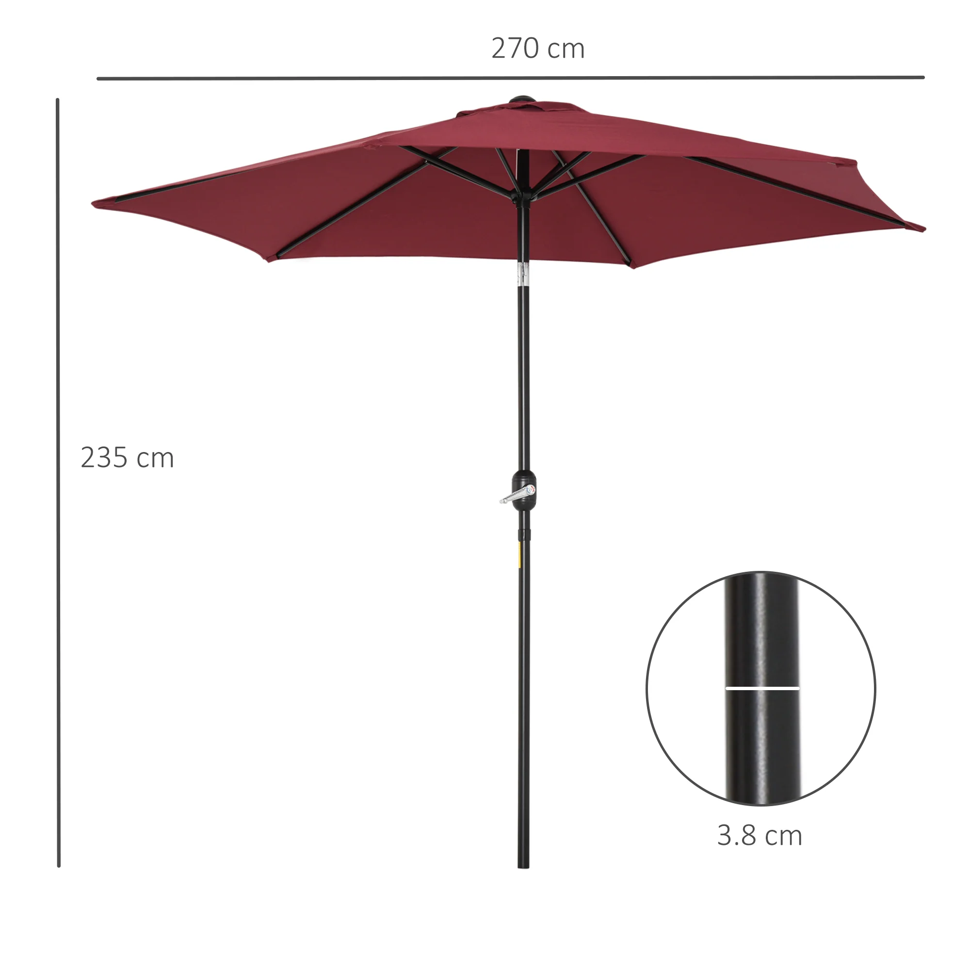 Outsunny 2.6M Patio Umbrella Parasol Sun Shade Garden Aluminium Wine Red - Image 5