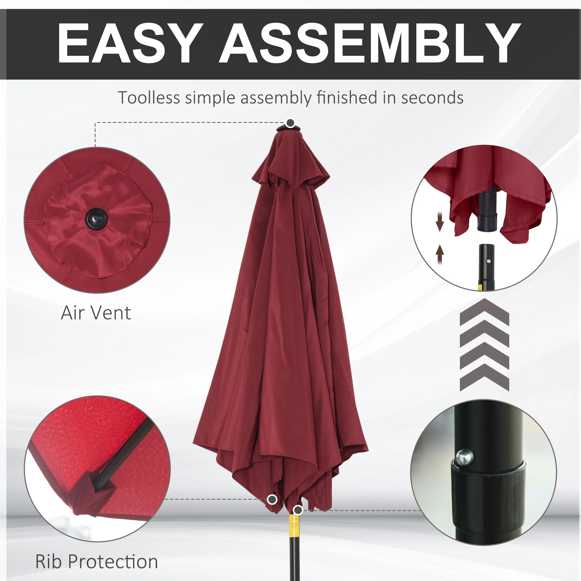 Outsunny 2.6M Patio Umbrella Parasol Sun Shade Garden Aluminium Wine Red - Image 6