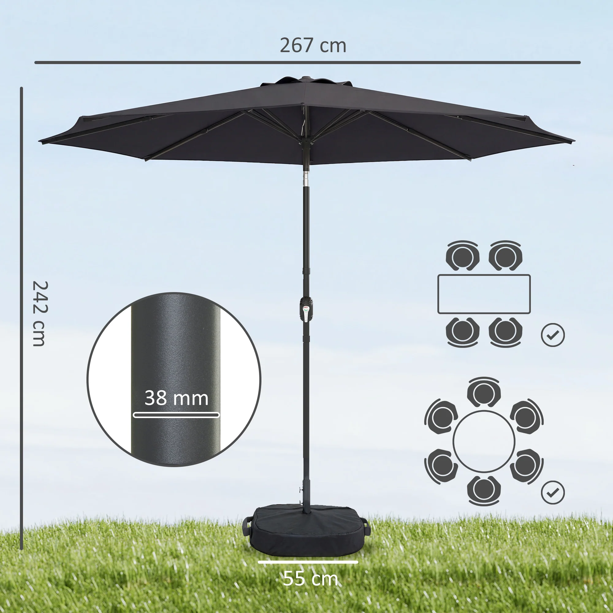 Outsunny 2.7 m Garden Parasol Umbrella with Cross Base, Sandbag, Black - Image 3
