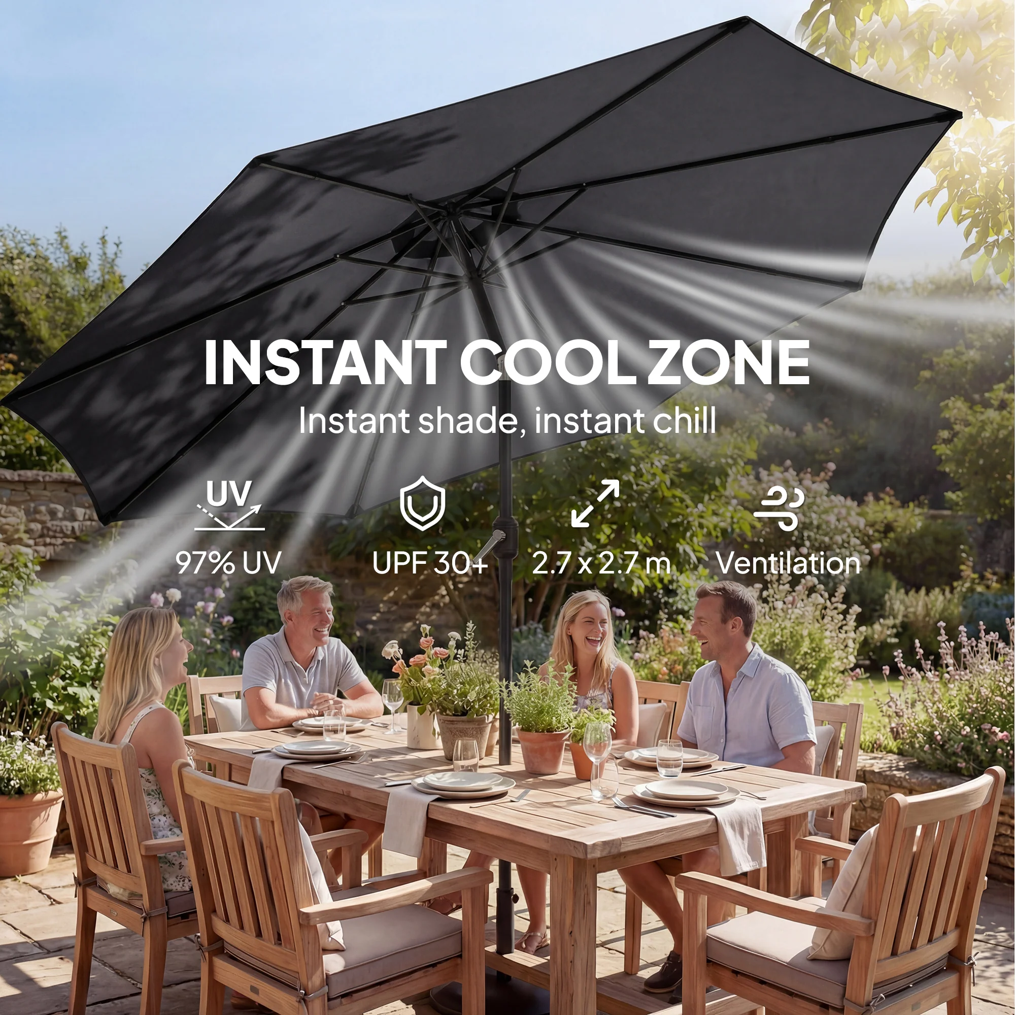 Outsunny 2.7 m Garden Parasol Umbrella with Cross Base, Sandbag, Black - Image 6