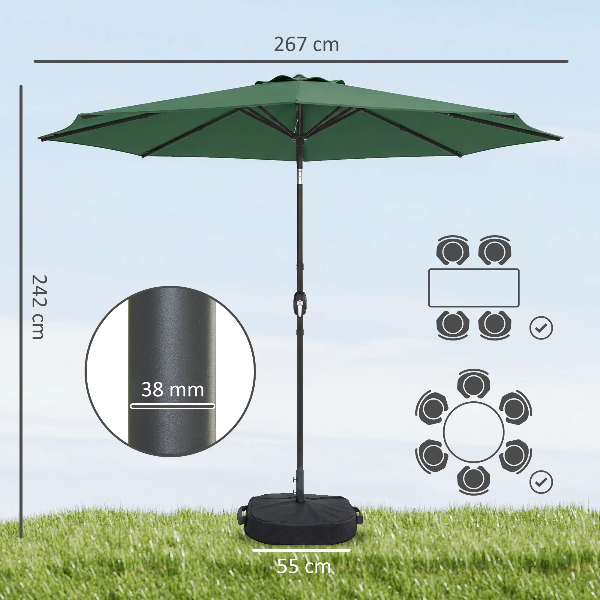 Outsunny 2.7 m Garden Parasol Umbrella with Cross Base, Sandbag, Green - Image 3