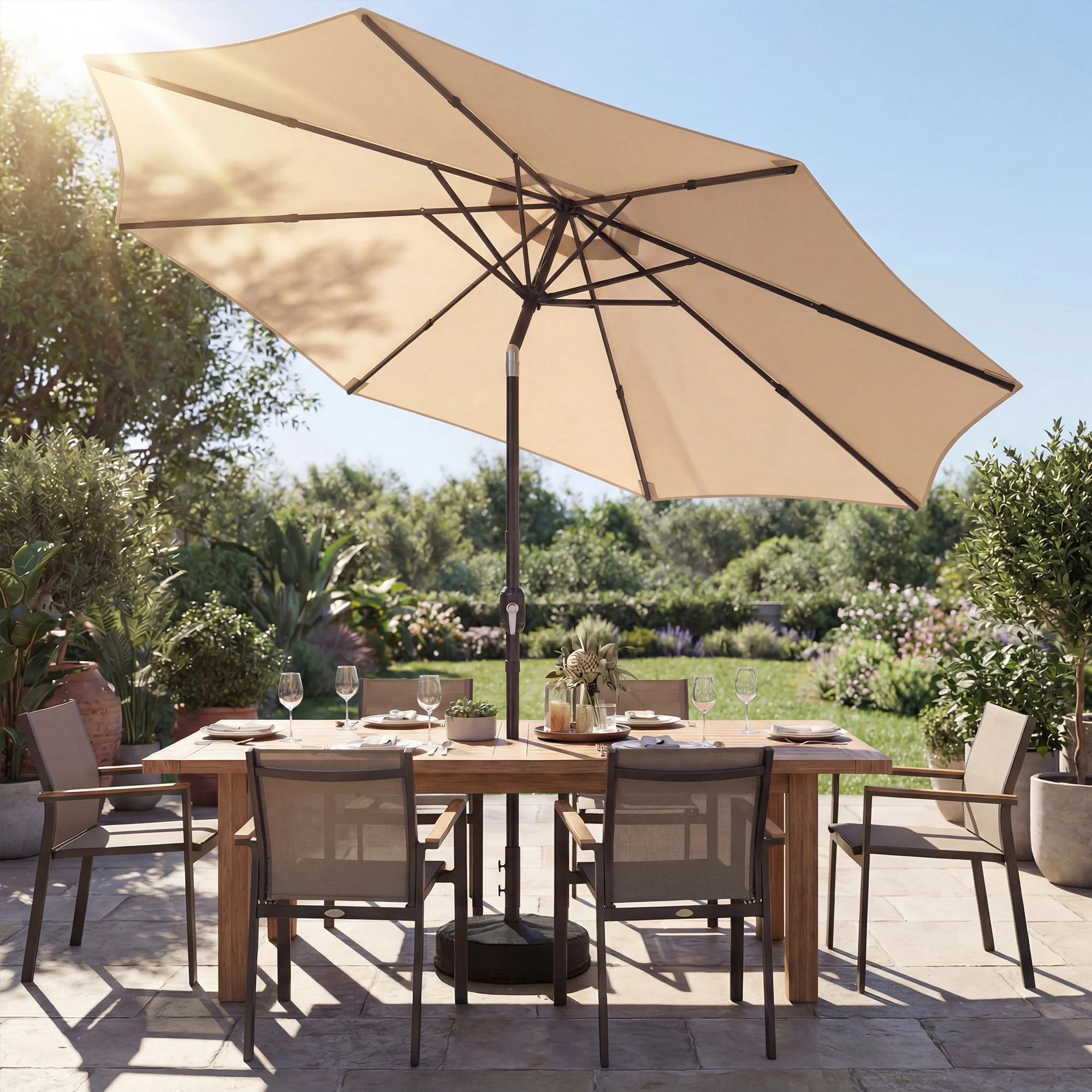 Outsunny 2.7 m Garden Parasol Umbrella with Cross Base, Sandbag, Khaki - Image 2