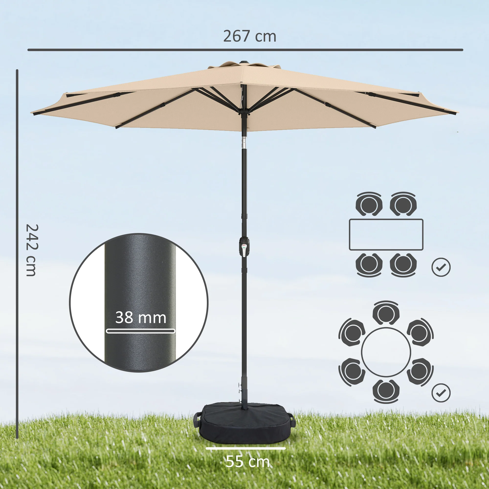 Outsunny 2.7 m Garden Parasol Umbrella with Cross Base, Sandbag, Khaki - Image 3
