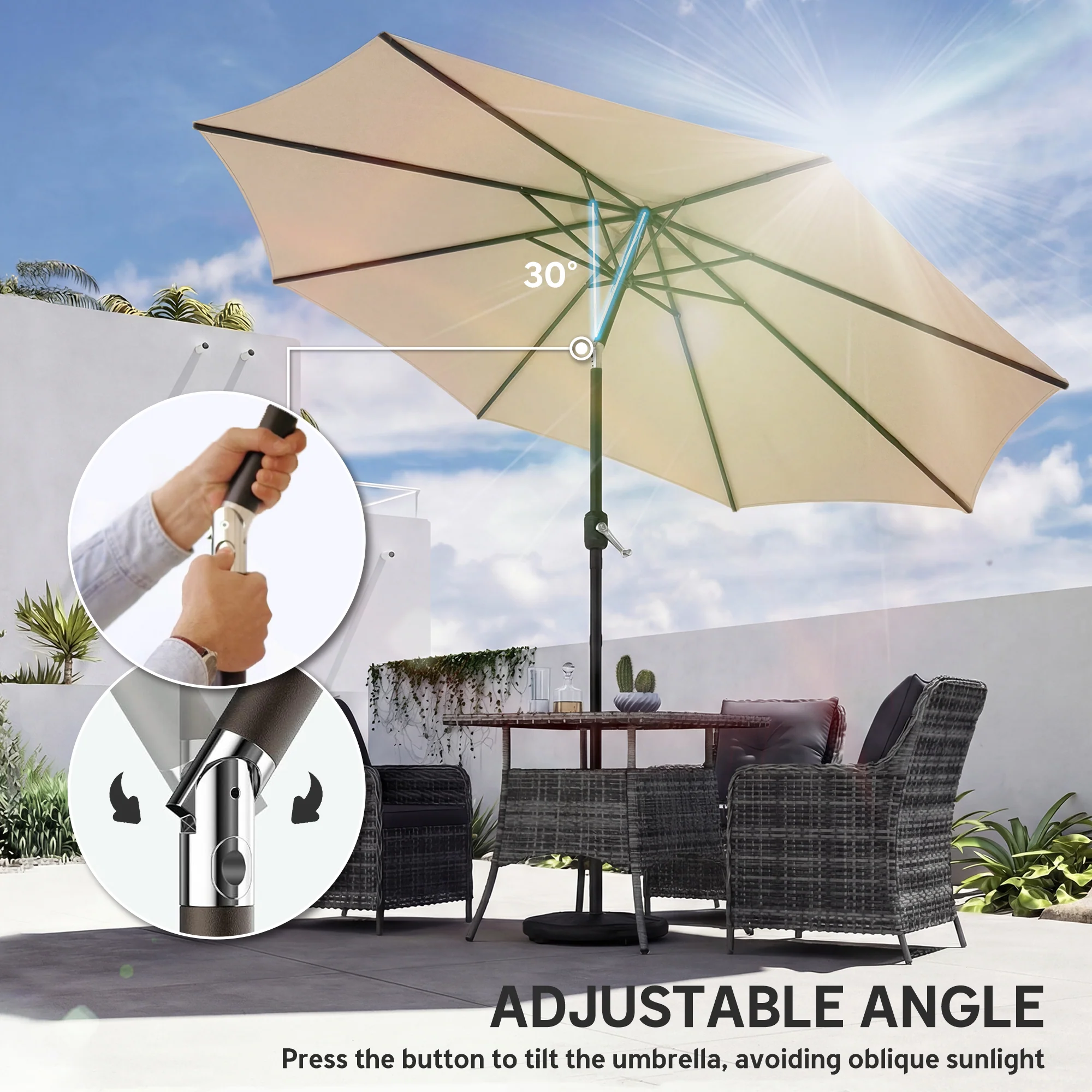 Outsunny 2.7 m Garden Parasol Umbrella with Cross Base, Sandbag, Khaki - Image 6