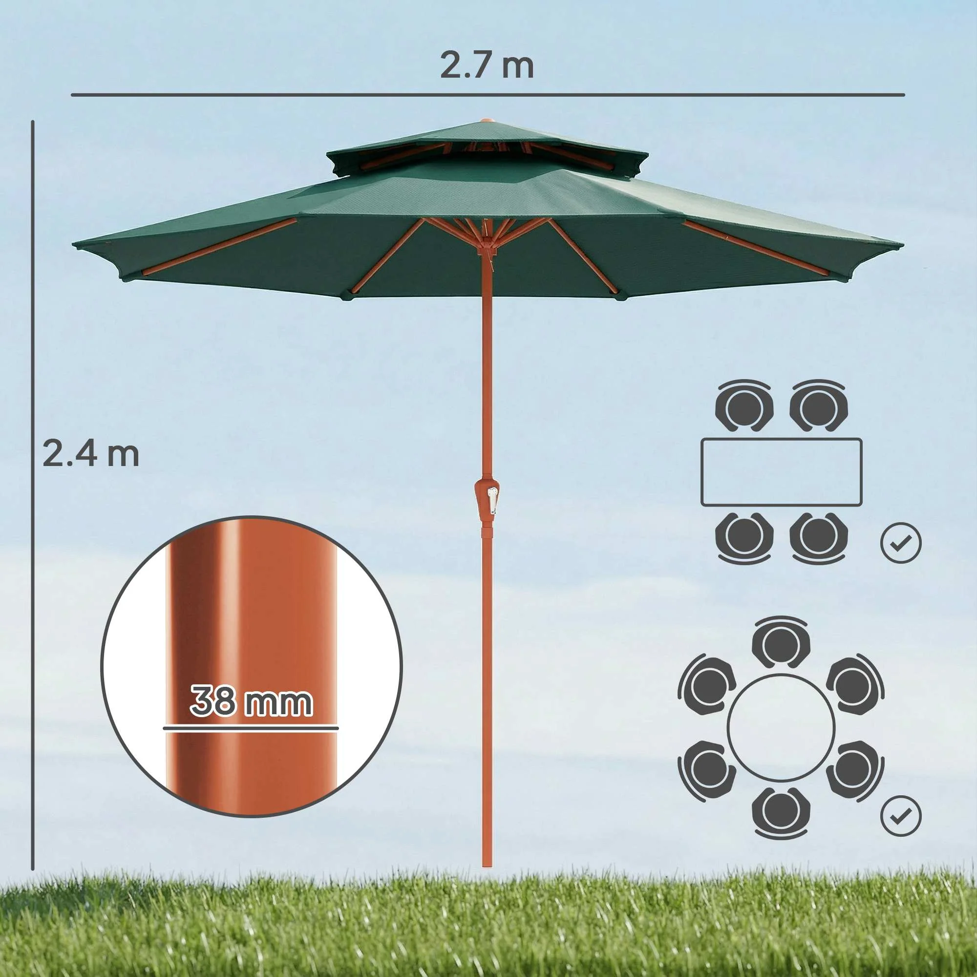 Outsunny 2.7 M Garden Parasol With Double Top, Green - Image 3
