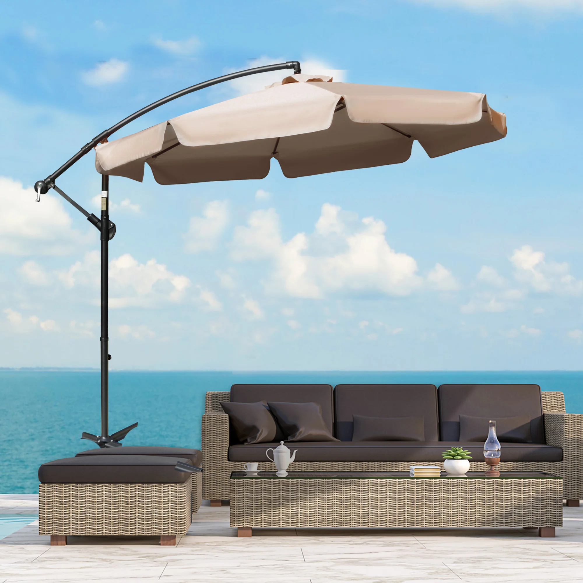 Outsunny 2.7m Garden Cantilever Banana Parasol Sun Shade W/ Crank, Light Brown - Image 2