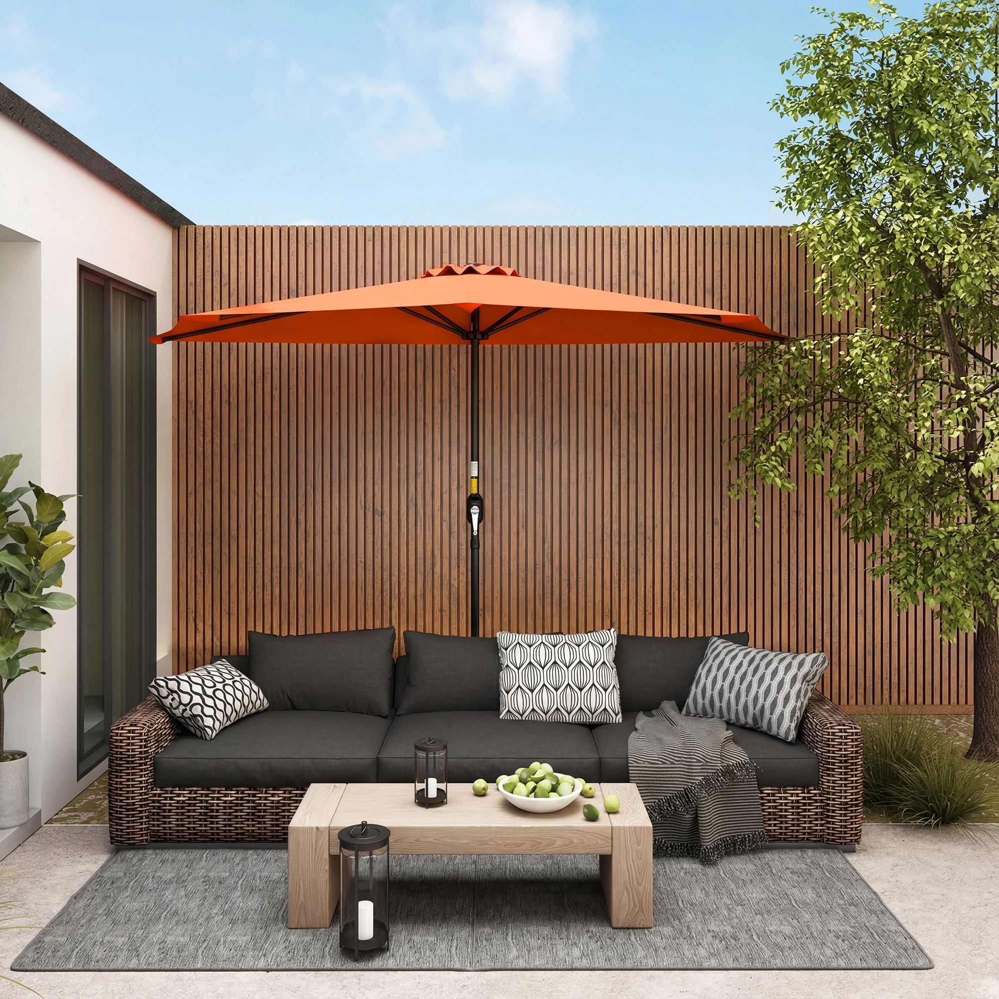 Outsunny 2.7m Metal Frame Garden Furniture Parasol Half Round Umbrella Orange - Image 2