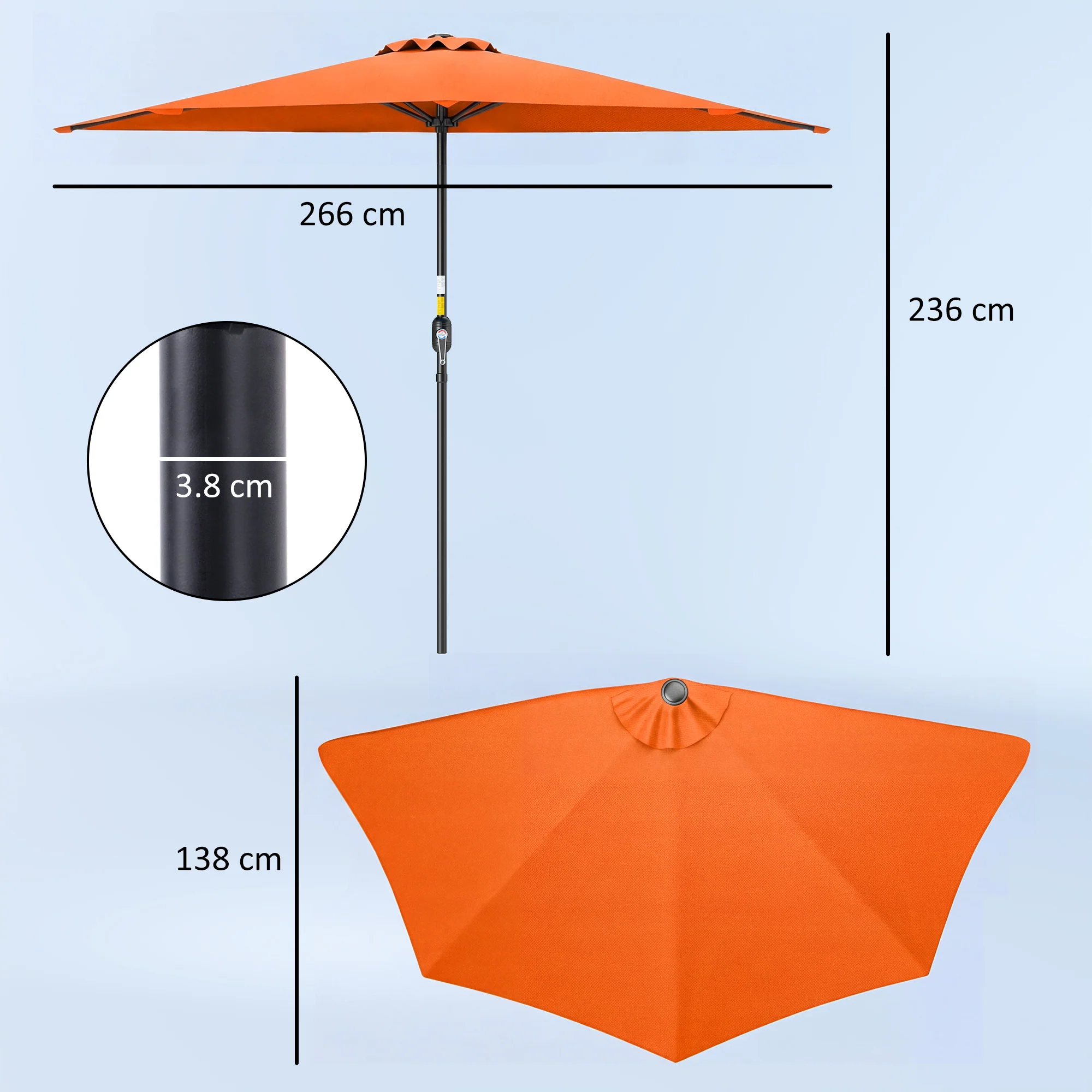 Outsunny 2.7m Metal Frame Garden Furniture Parasol Half Round Umbrella Orange - Image 3
