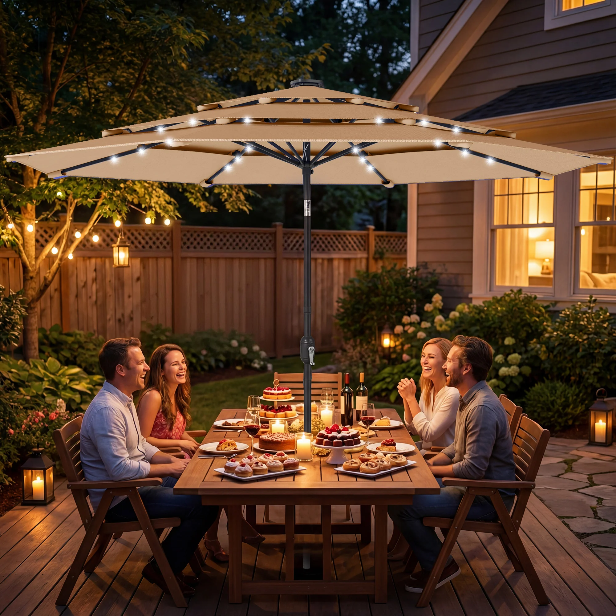 Outsunny 2.8 m Garden Parasol Umbrella with Light, Patio Umbrella, Khaki - Image 2
