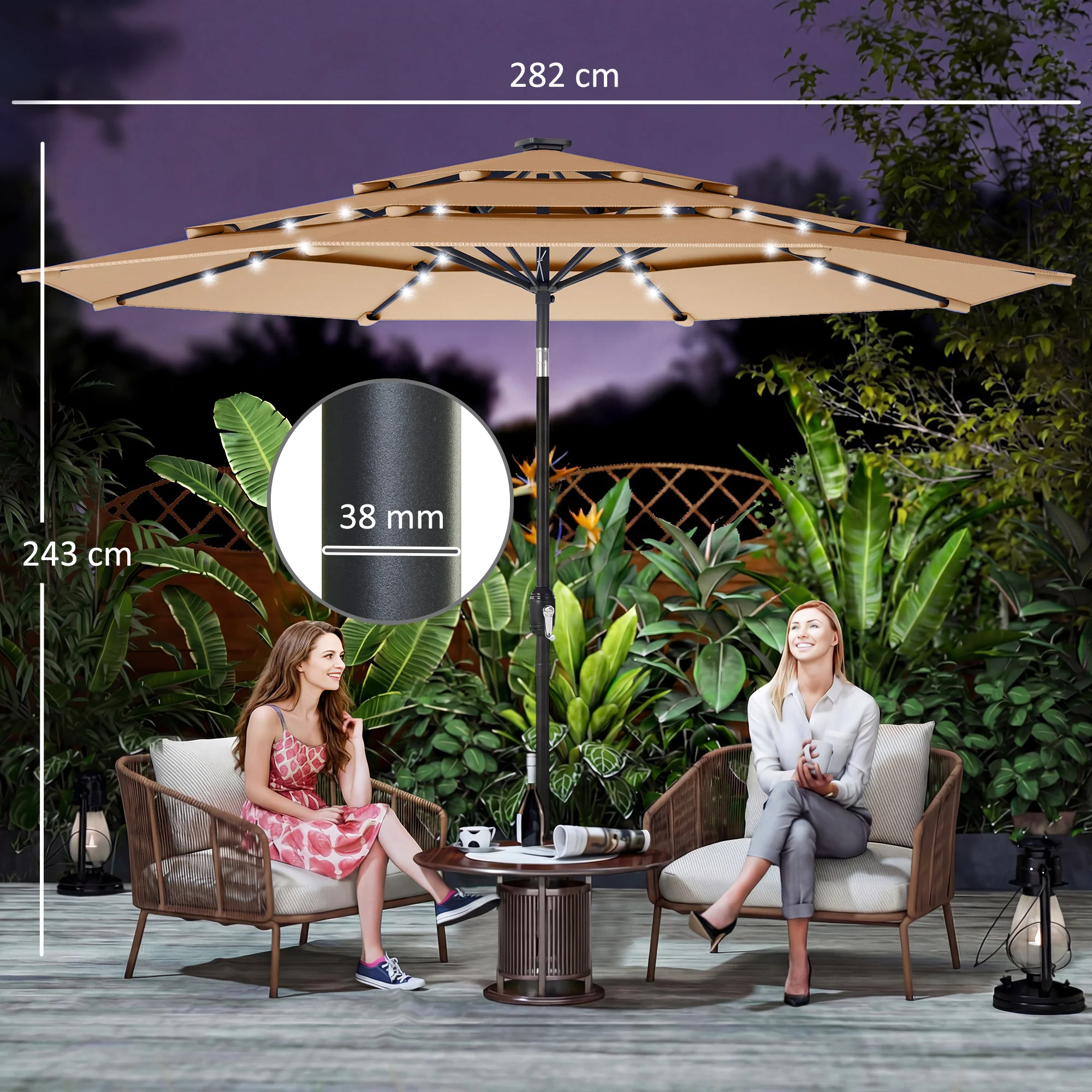 Outsunny 2.8 m Garden Parasol Umbrella with Light, Patio Umbrella, Khaki - Image 3