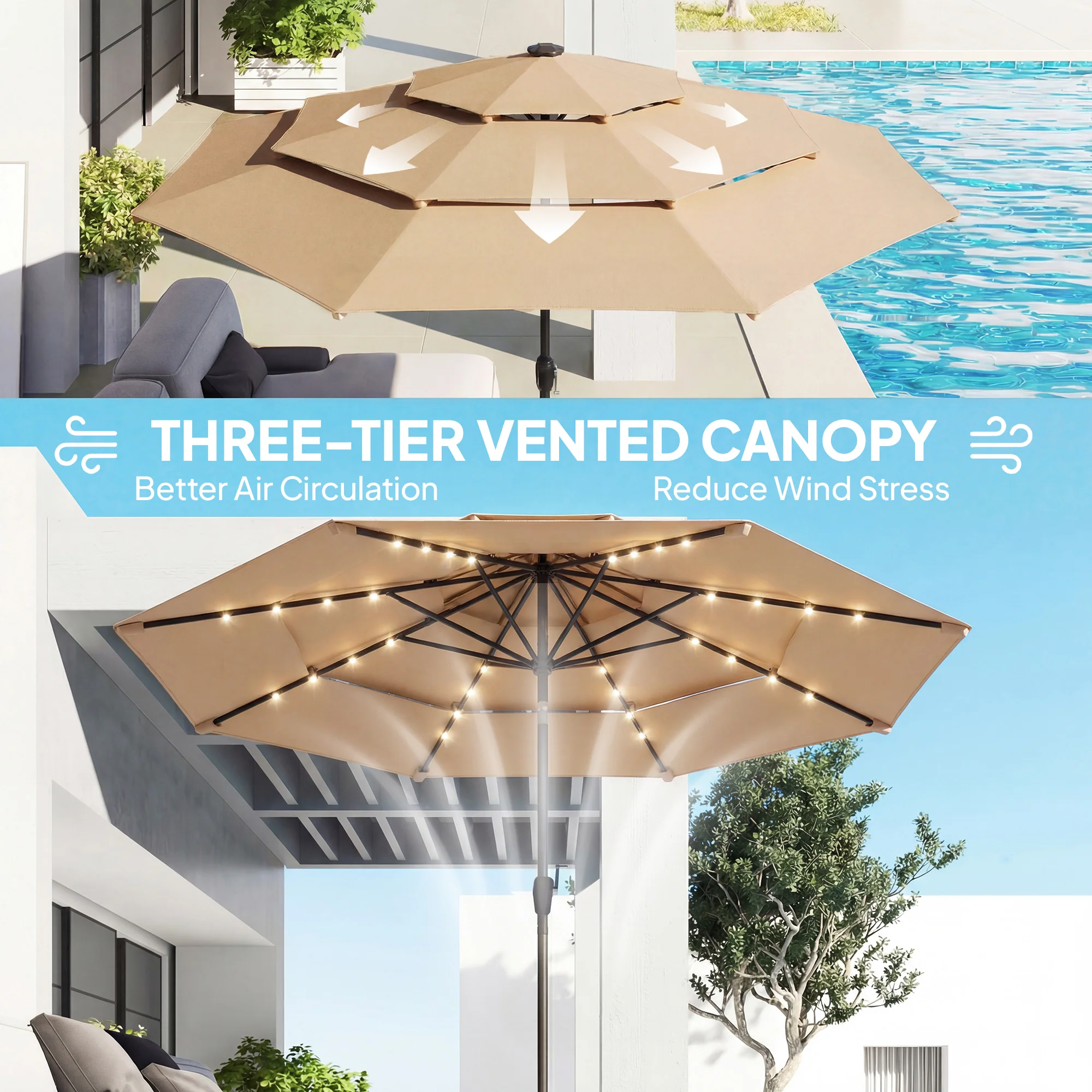 Outsunny 2.8 m Garden Parasol Umbrella with Light, Patio Umbrella, Khaki - Image 6