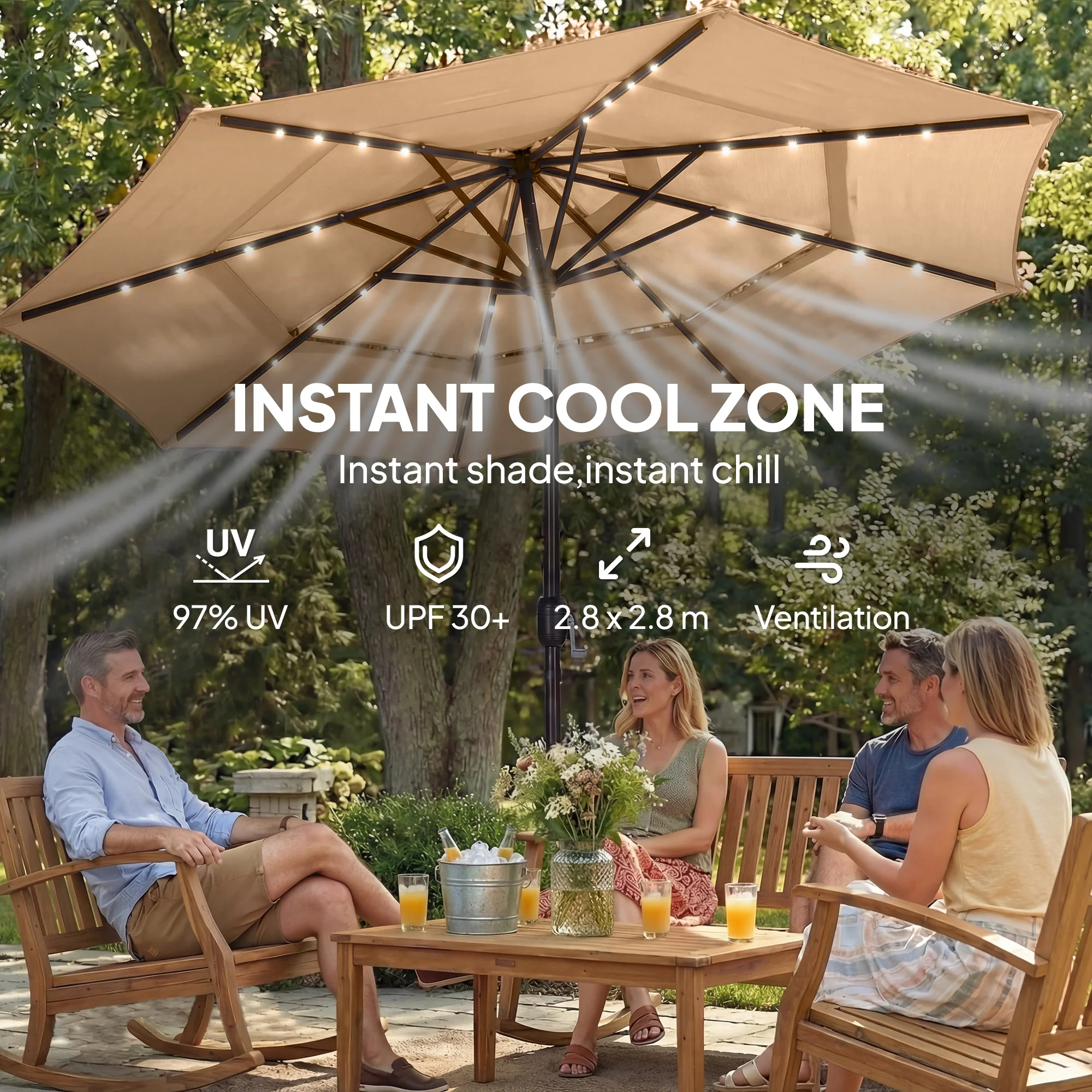 Outsunny 2.8 m Garden Parasol Umbrella with Light, Patio Umbrella, Khaki - Image 7
