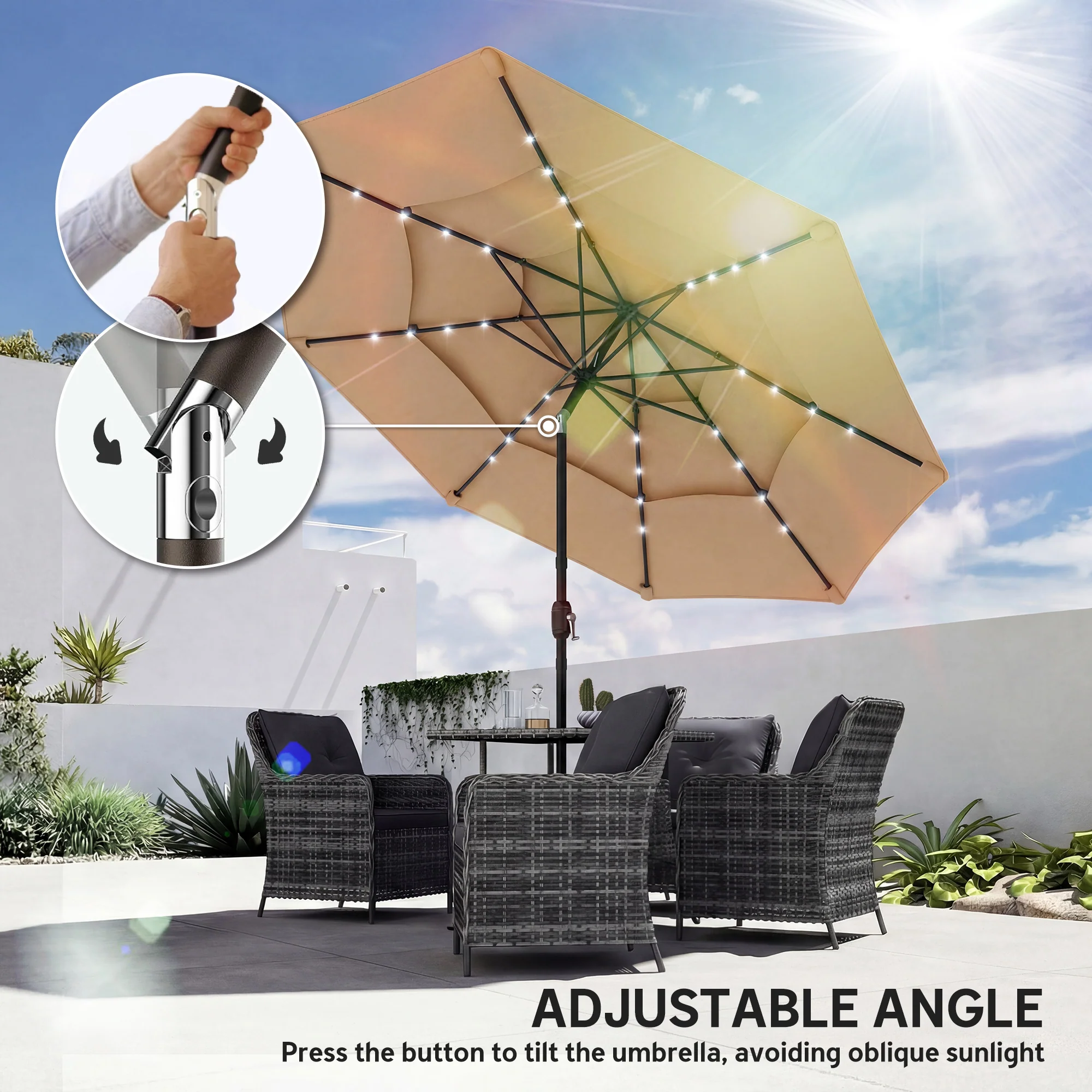 Outsunny 2.8 m Garden Parasol Umbrella with Light, Patio Umbrella, Khaki - Image 9