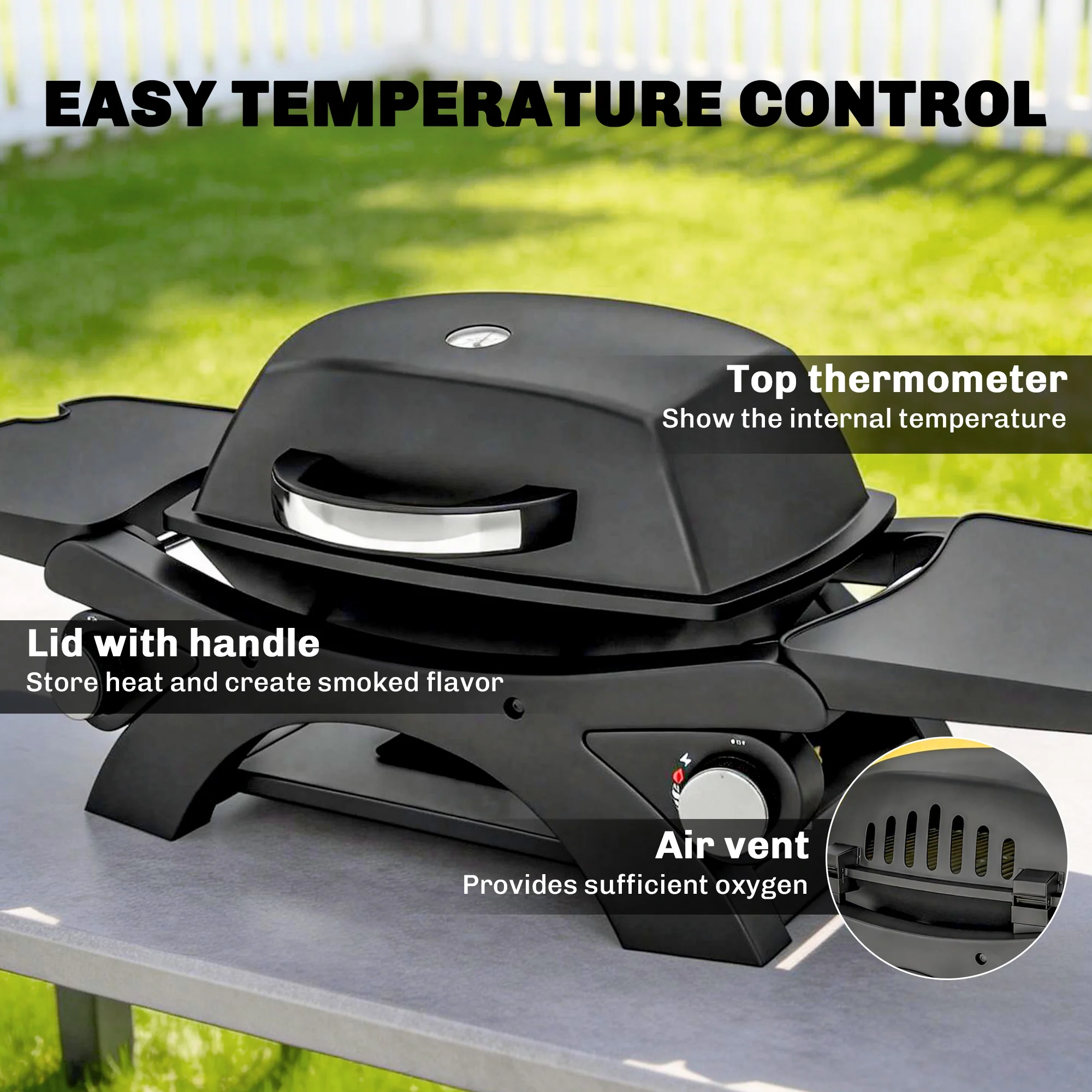 Outsunny 2 Burner Gas Grill, Tabletop BBQ With Cast Iron Grates, Black - Image 5
