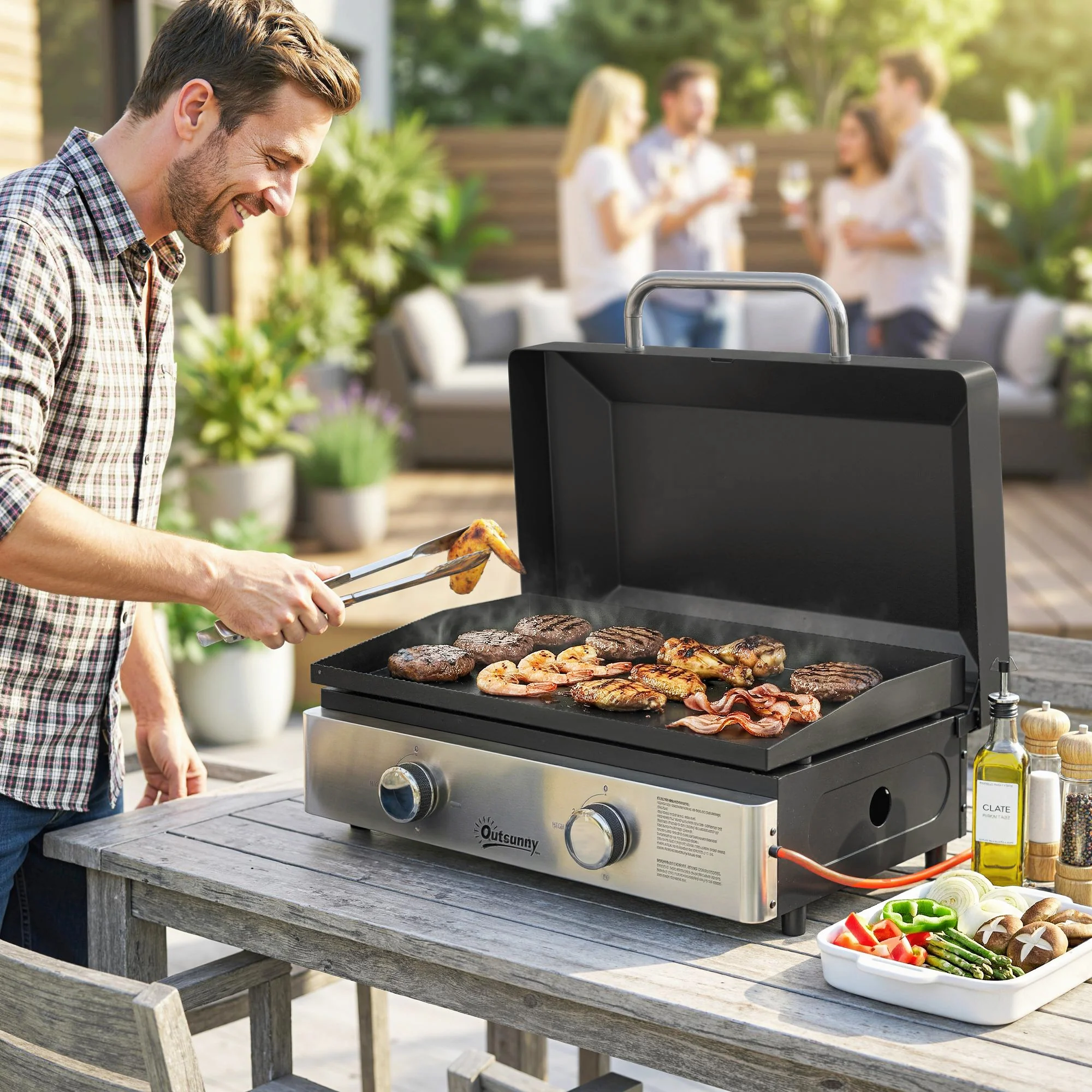 Outsunny 2 Burner Grill Griddle, Tabletop Gas BBQ With Grease Cup, Black - Image 2