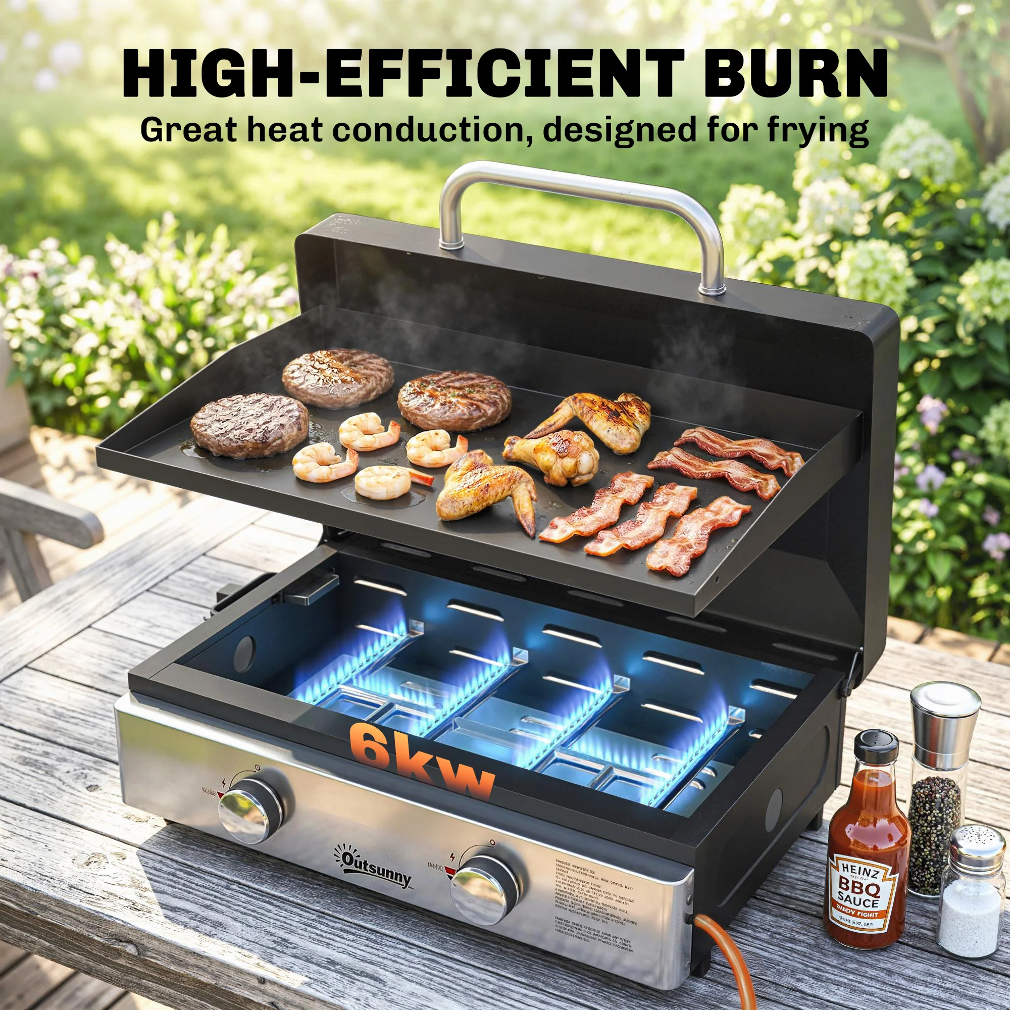 Outsunny 2 Burner Grill Griddle, Tabletop Gas BBQ With Grease Cup, Black - Image 3
