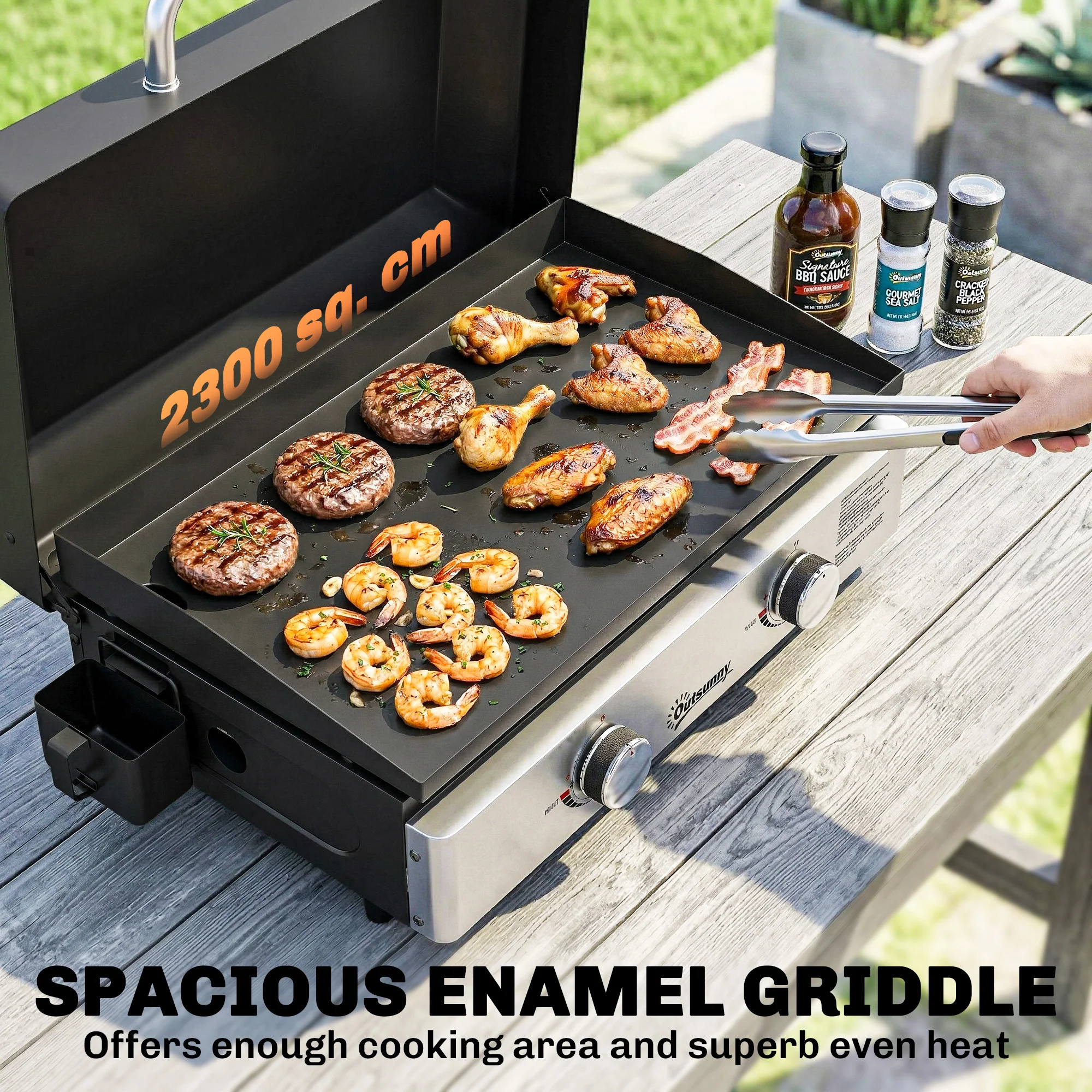 Outsunny 2 Burner Grill Griddle, Tabletop Gas BBQ With Grease Cup, Black - Image 4