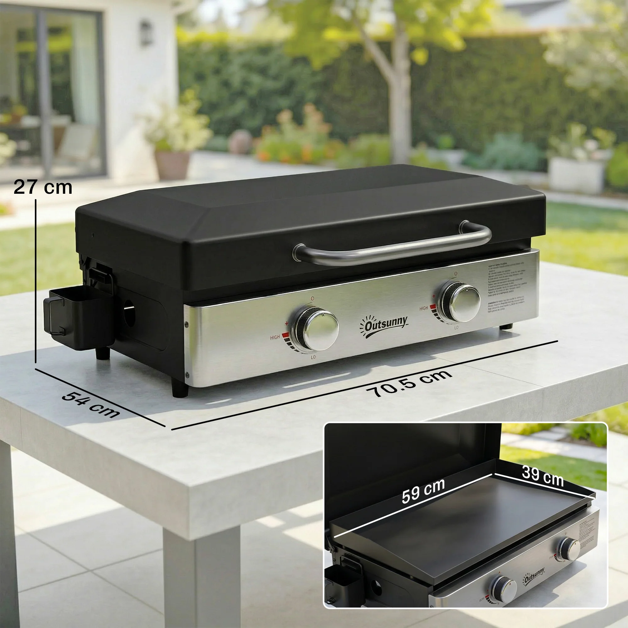 Outsunny 2 Burner Grill Griddle, Tabletop Gas BBQ With Grease Cup, Black - Image 5