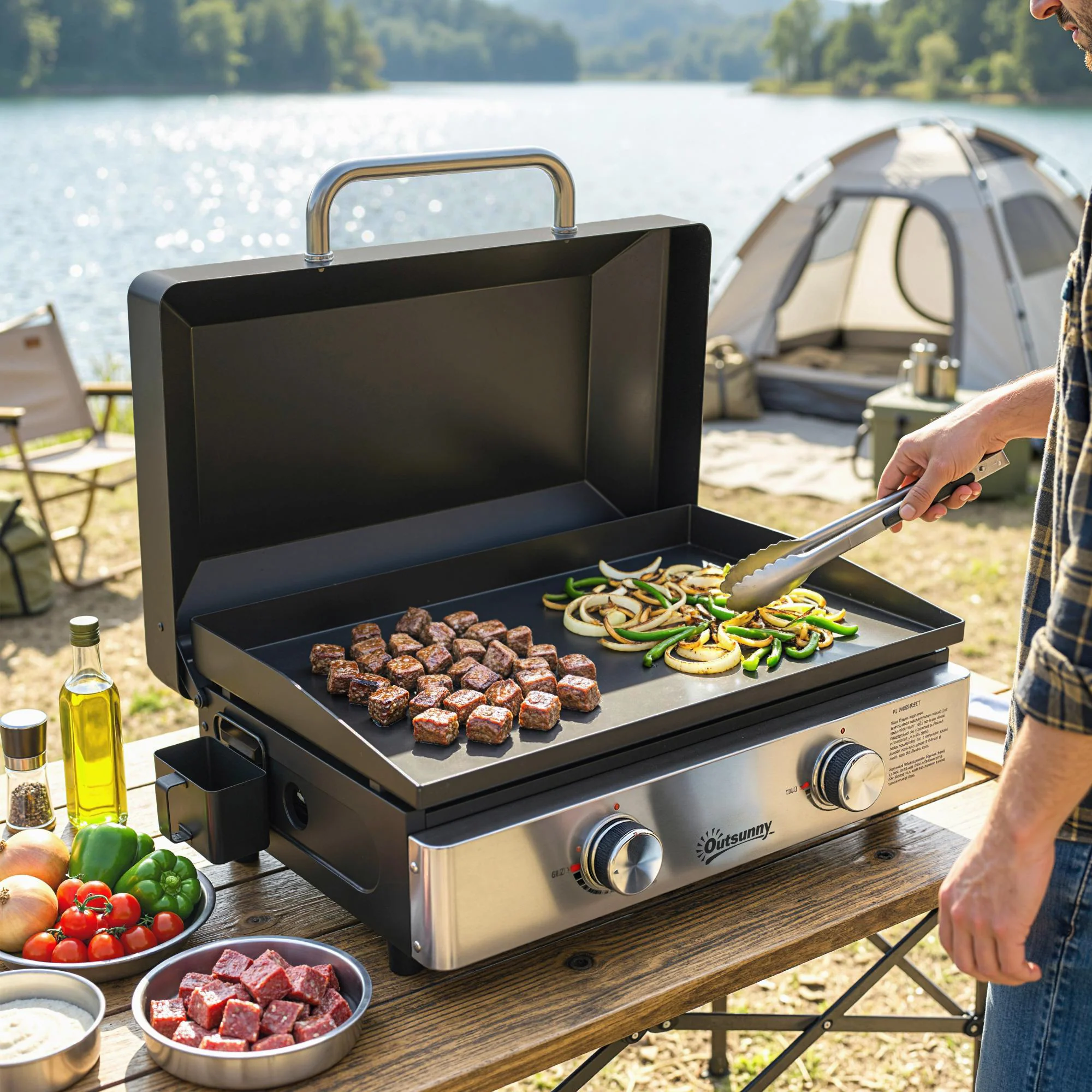 Outsunny 2 Burner Grill Griddle, Tabletop Gas BBQ With Grease Cup, Black - Image 8