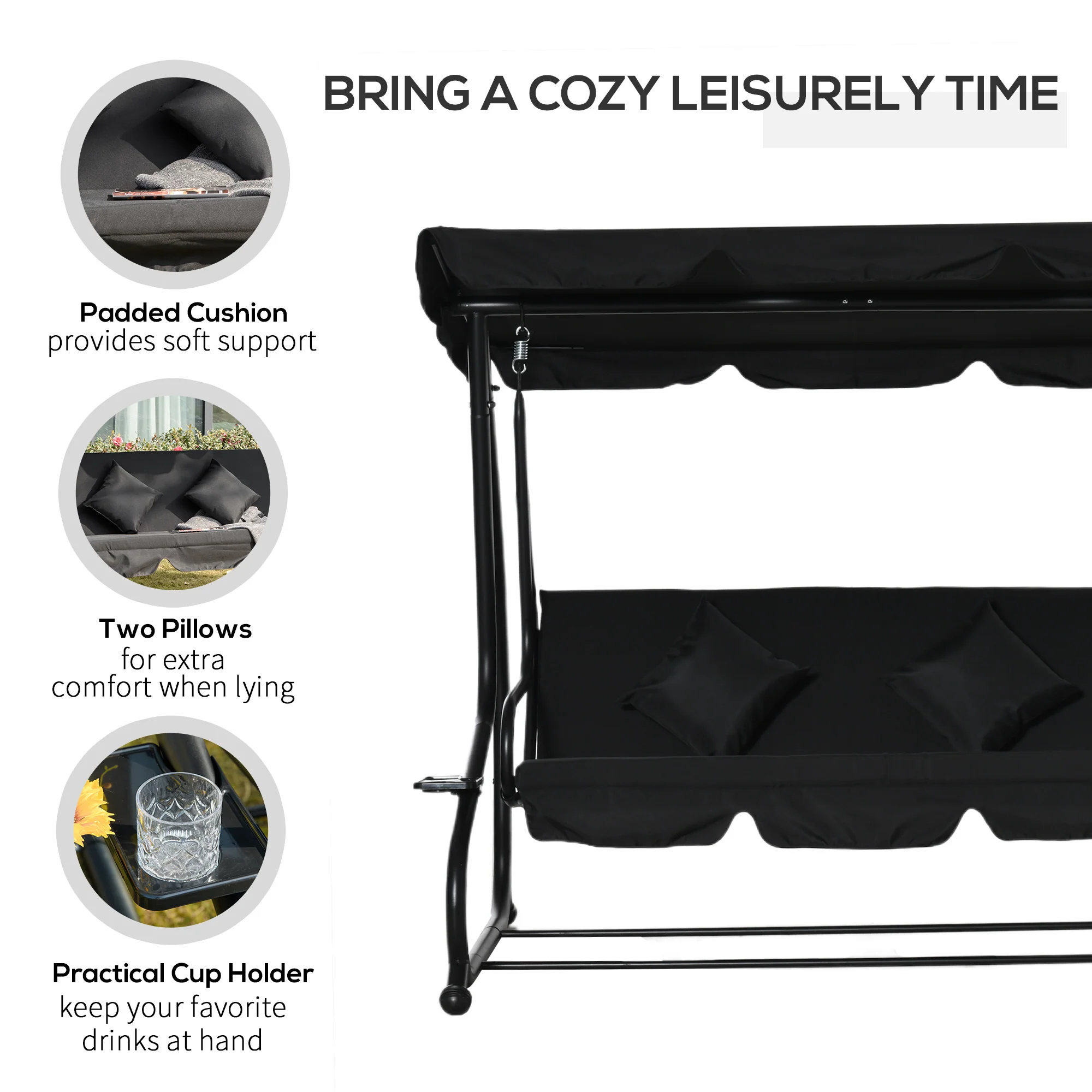 Outsunny 2-in-1 Garden Swing Chair for 3 Person w/ Adjustable Canopy Black - Image 7