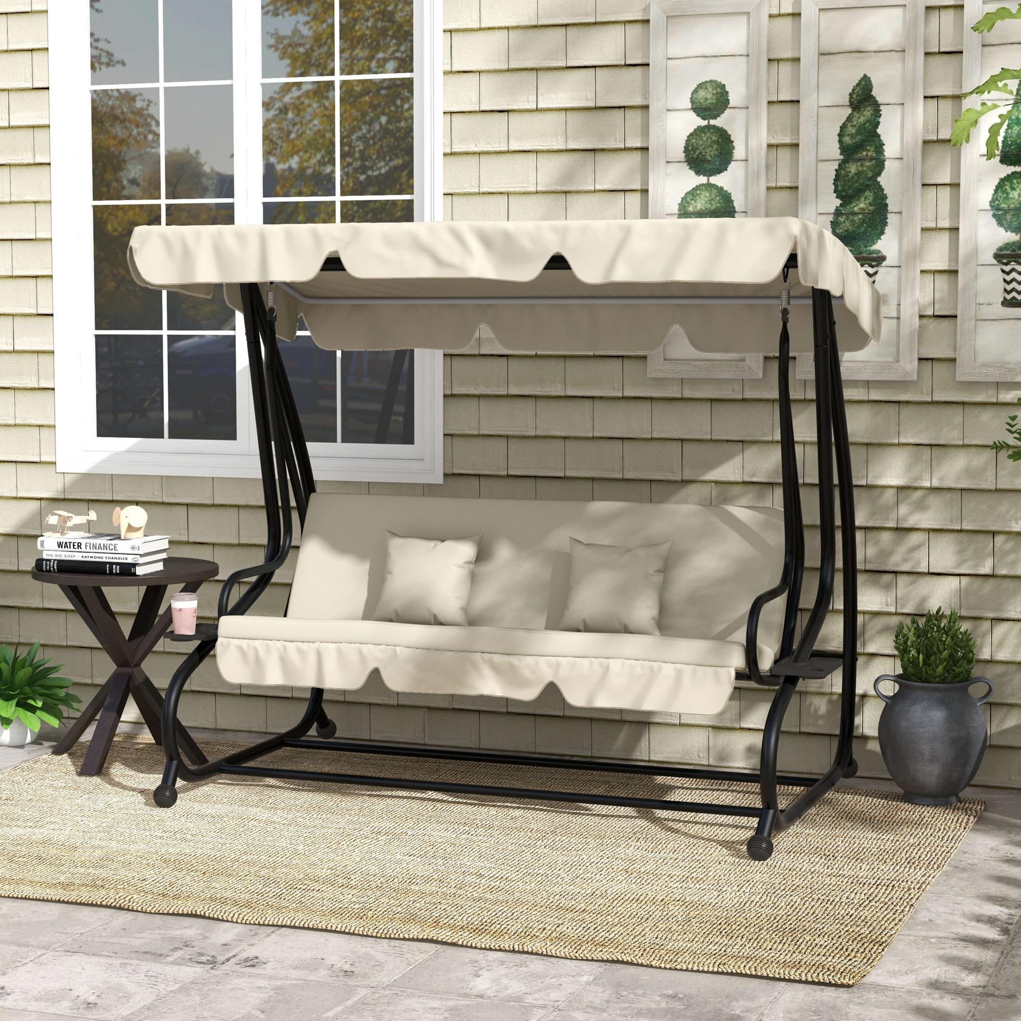 Outsunny 2-in-1 Garden Swing Chair for 3 Person w/ Adjustable Canopy, Cream - Image 2
