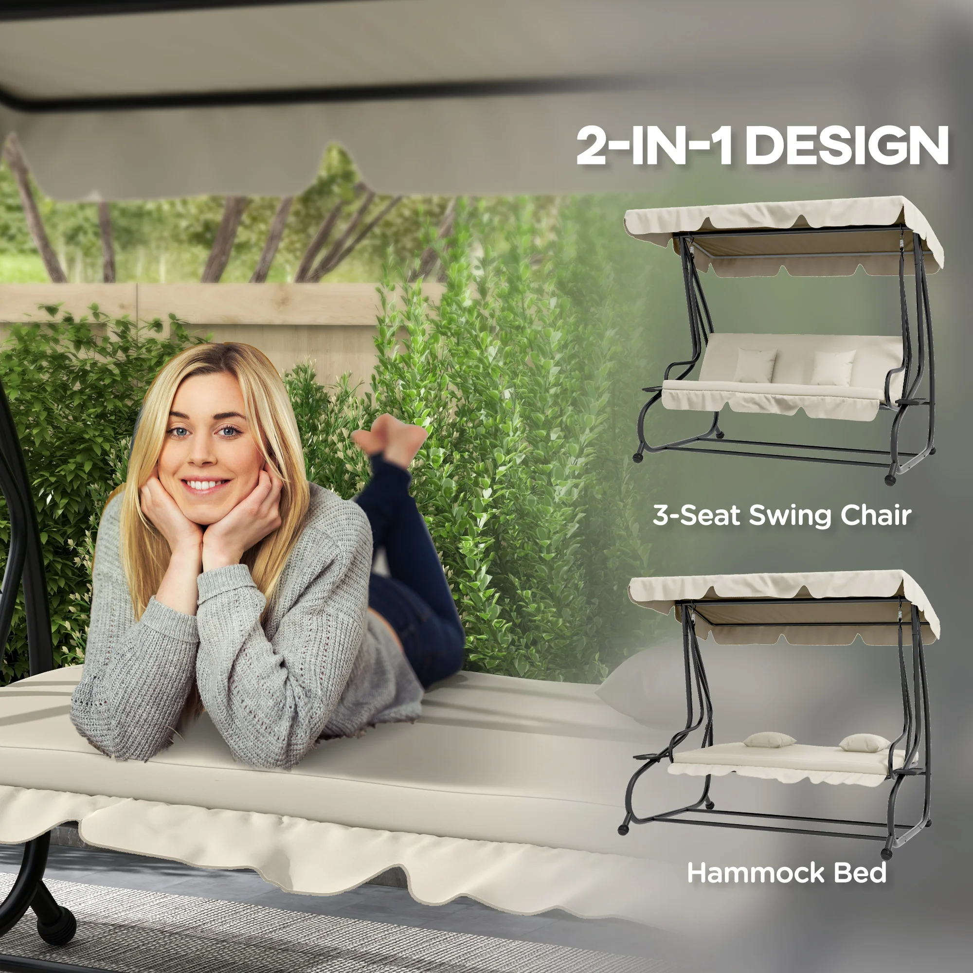 Outsunny 2-in-1 Garden Swing Chair for 3 Person w/ Adjustable Canopy, Cream - Image 3