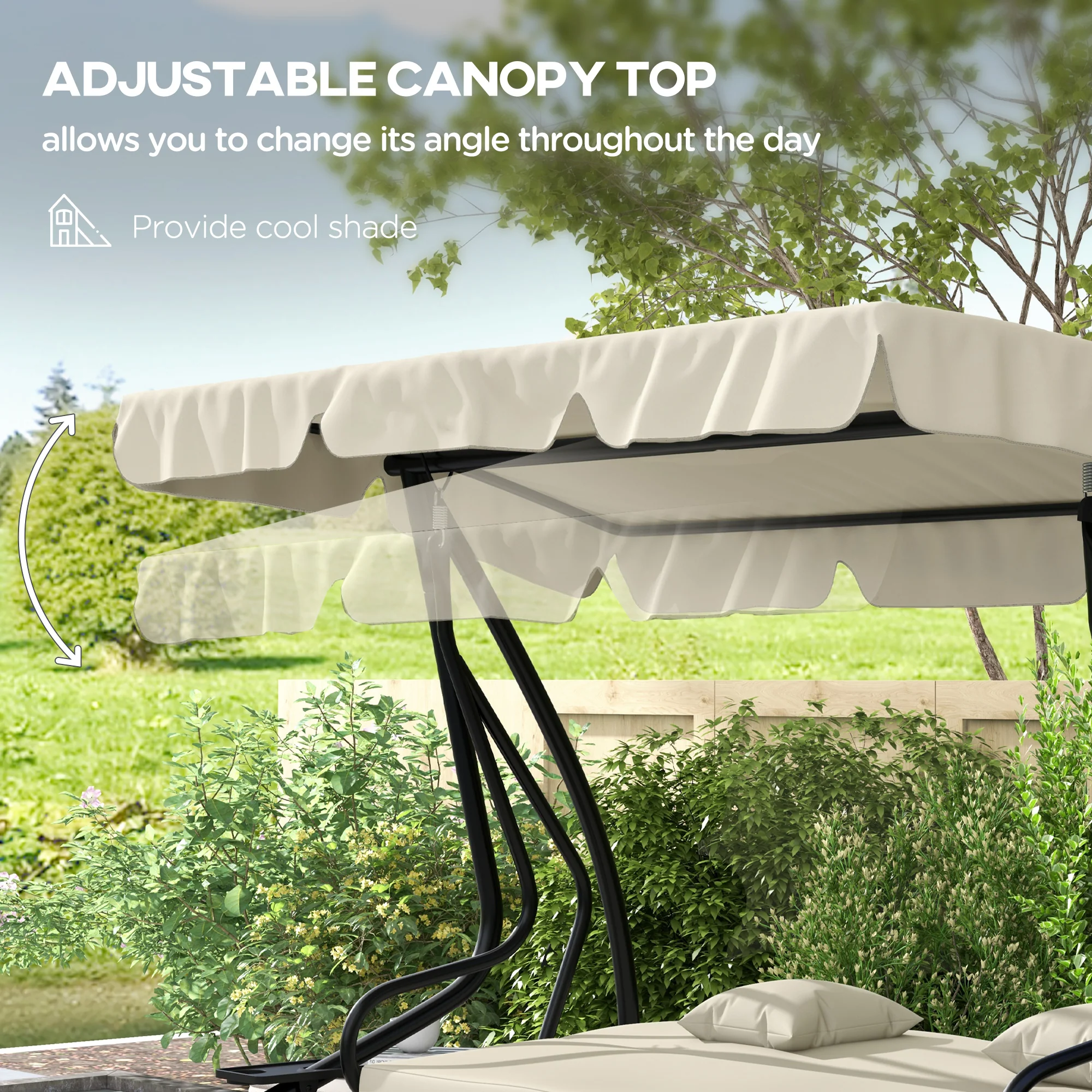 Outsunny 2-in-1 Garden Swing Chair for 3 Person w/ Adjustable Canopy, Cream - Image 4