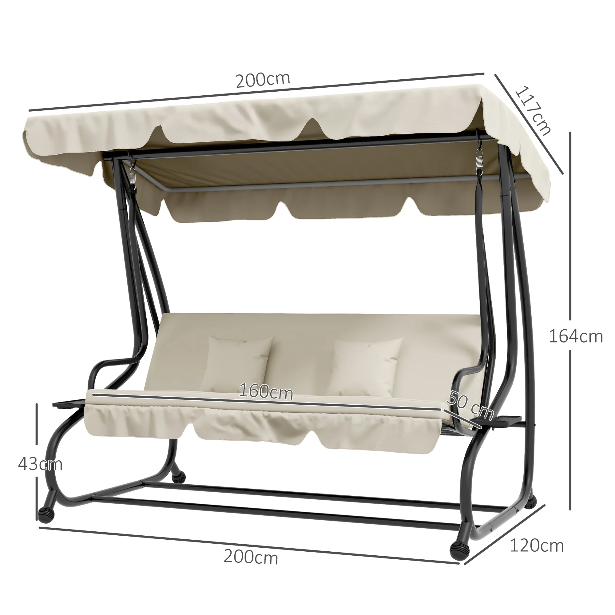 Outsunny 2-in-1 Garden Swing Chair for 3 Person w/ Adjustable Canopy, Cream - Image 5