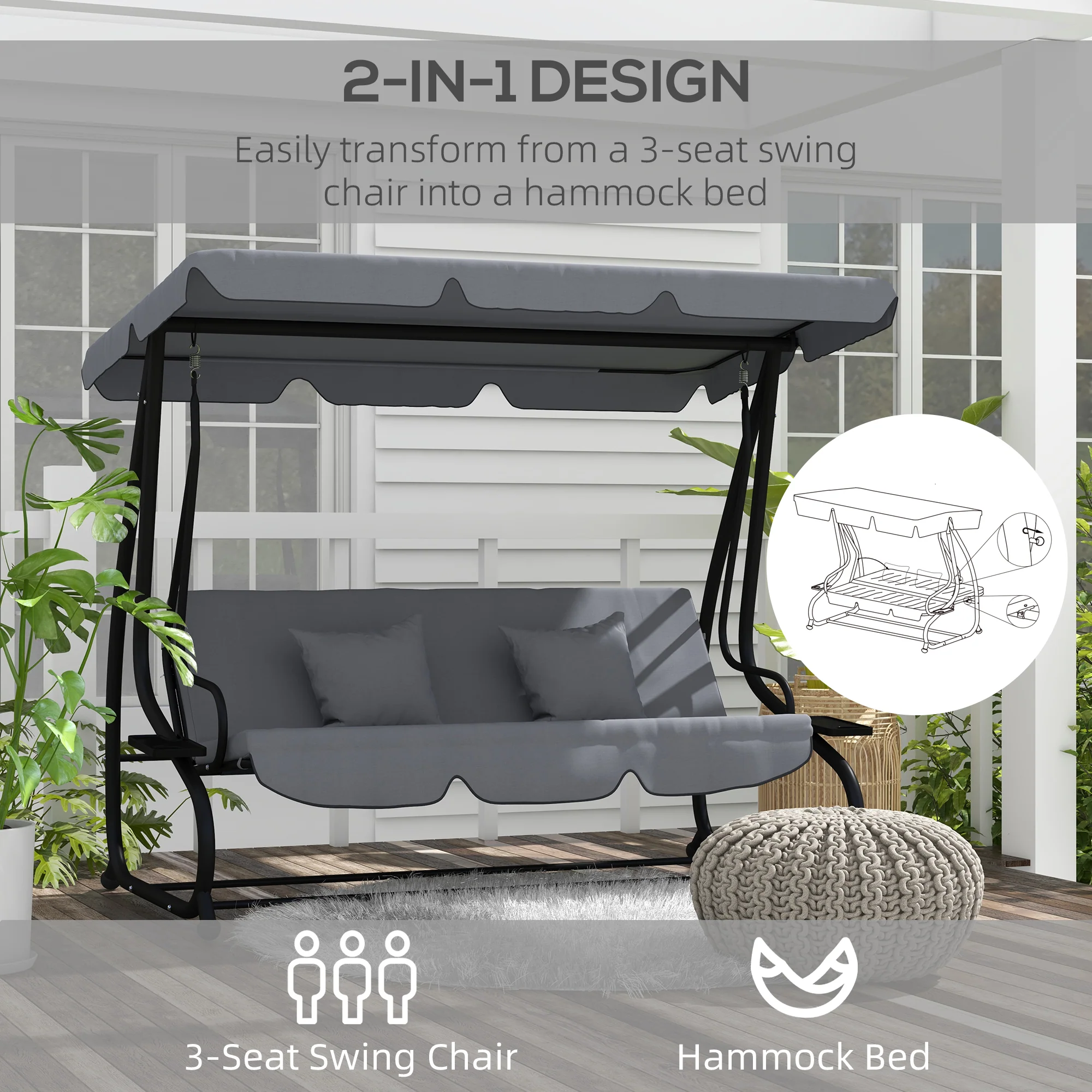Outsunny 2-in-1 Garden Swing Chair for 3 Person w/ Adjustable Canopy Grey - Image 3