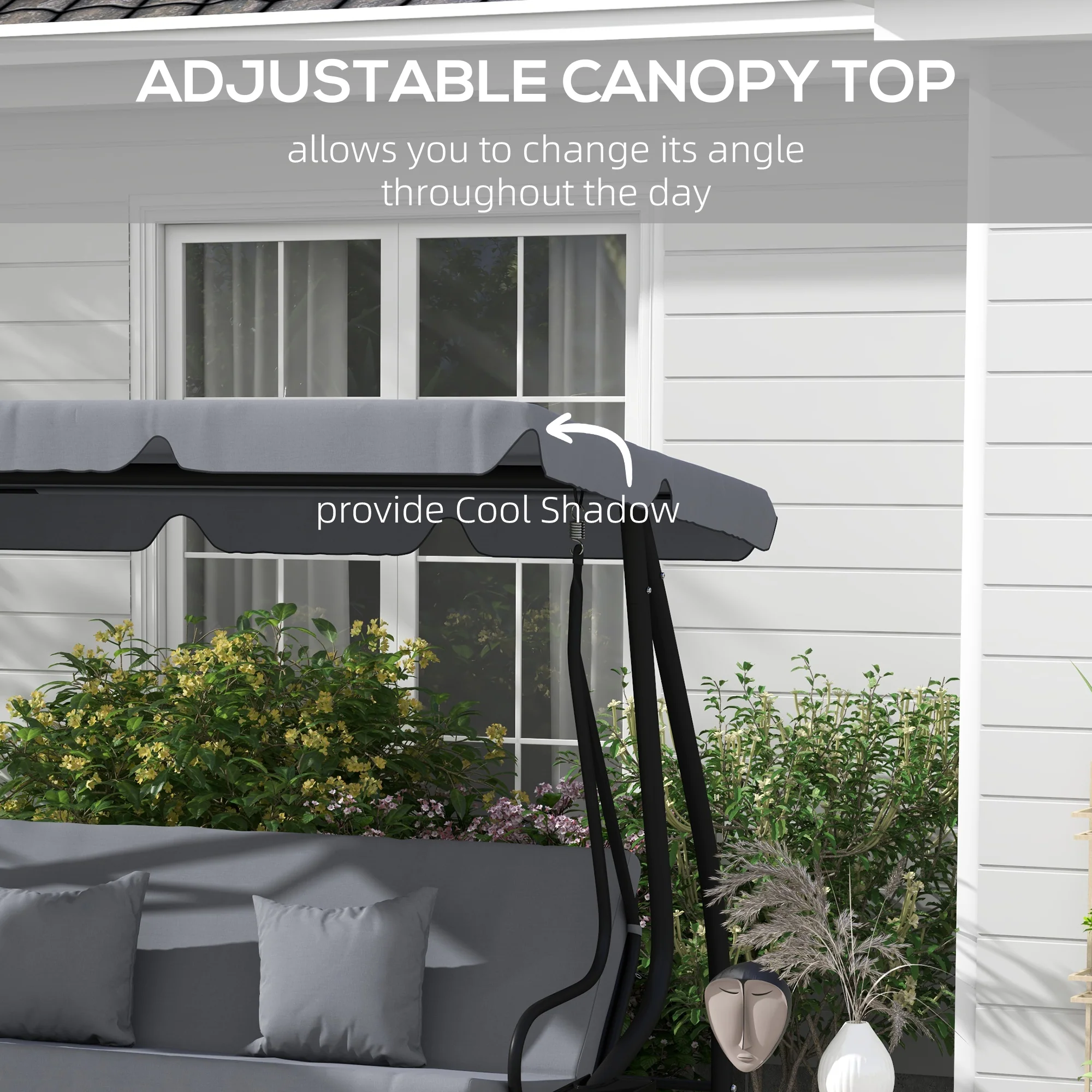 Outsunny 2-in-1 Garden Swing Chair for 3 Person w/ Adjustable Canopy Grey - Image 4
