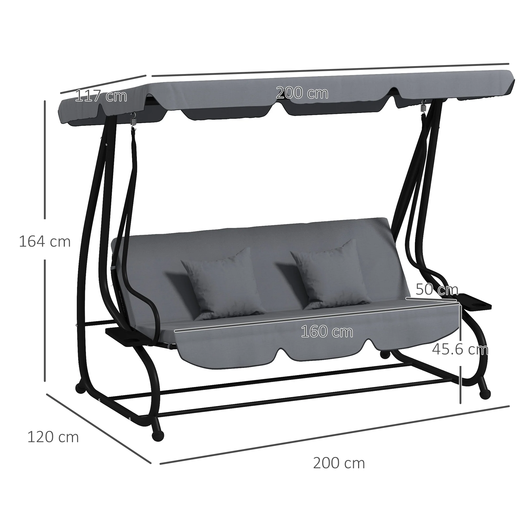 Outsunny 2-in-1 Garden Swing Chair for 3 Person w/ Adjustable Canopy Grey - Image 5