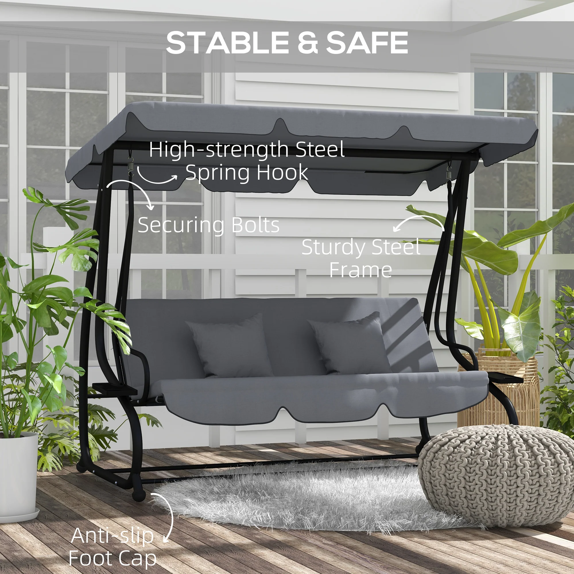 Outsunny 2-in-1 Garden Swing Chair for 3 Person w/ Adjustable Canopy Grey - Image 6